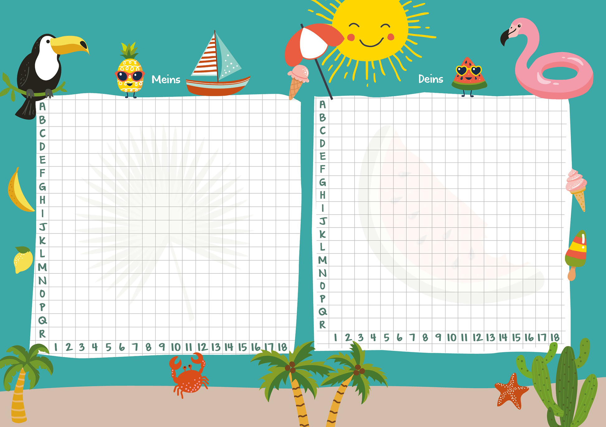 Gezeigt wird eine Innen- oder Zusatzansicht von „Der große Spieleblock für zwei“. Die bunten Seiten sind in einem freundlichen, aquamarinen Farbton gehalten und zeigen eine grafische Struktur aus Kästchen. Oben sind fröhliche Illustrationen von Tieren und Sommermotiven wie einem Tukana, einer Ananas, einer Yacht und einem Flamingo platziert. Links steht „Meins“ und rechts „Deins“ in verspielter Schrift. Unten sind Palmen und Strandmotive abgebildet, was eine lebendige...