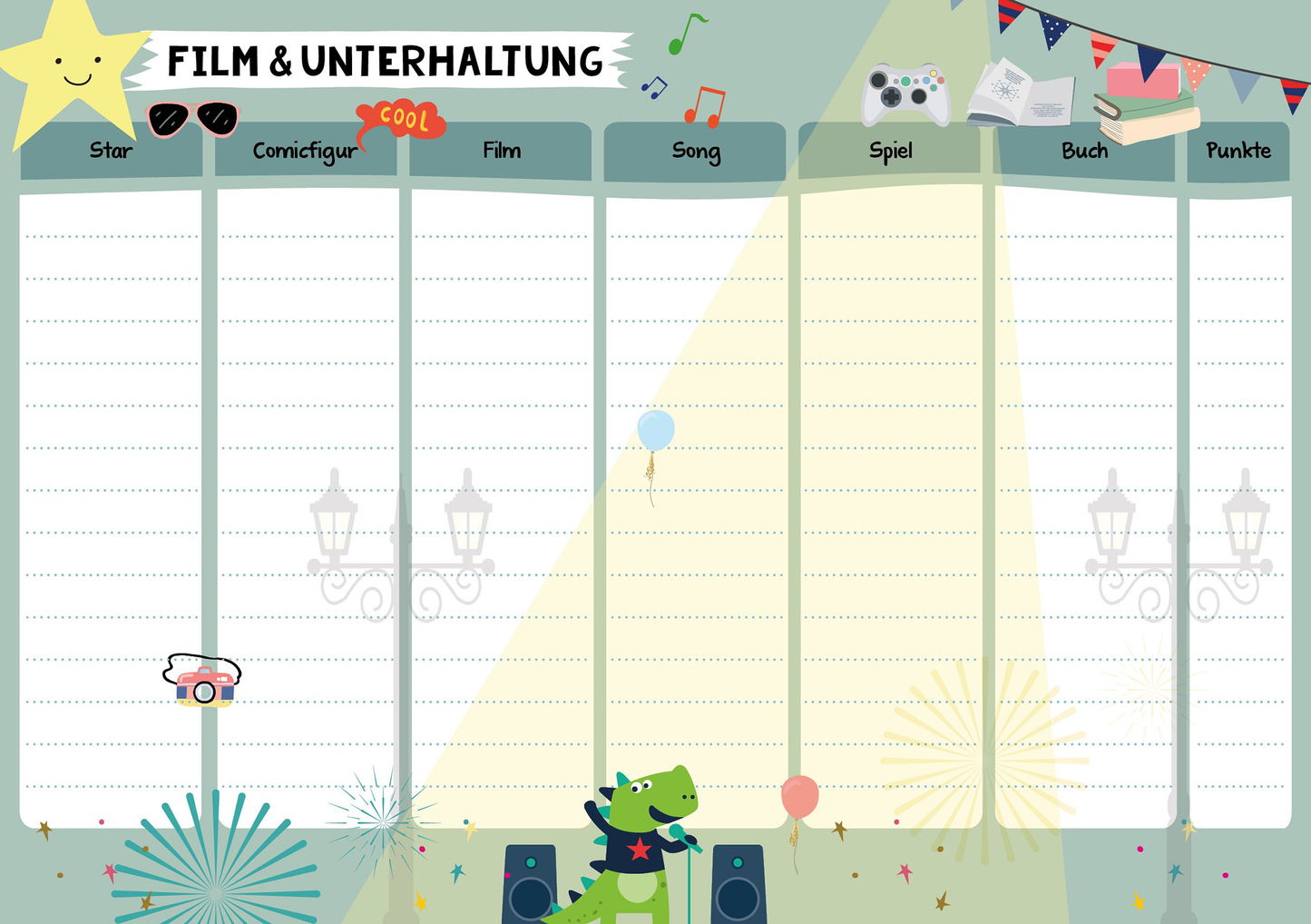 Gezeigt wird eine Innen- oder Zusatzansicht von „Der große Spieleblock für zwei“. Die Seite ist in sanften Pastellfarben gehalten und zeigt ein kinderfreundliches Layout. In der oberen Leiste befinden sich die Kategorien „Star“, „Comicfigur“, „Film“, „Song“, „Spiel“ und „Buch“, jeweils mit einfachen Icons. Zwischen den Spalten sind verspielte Illustrationen, darunter ein lächelndes Dinosauriermaskottchen und bunte Luftballons, die eine fröhliche Atmosphäre...