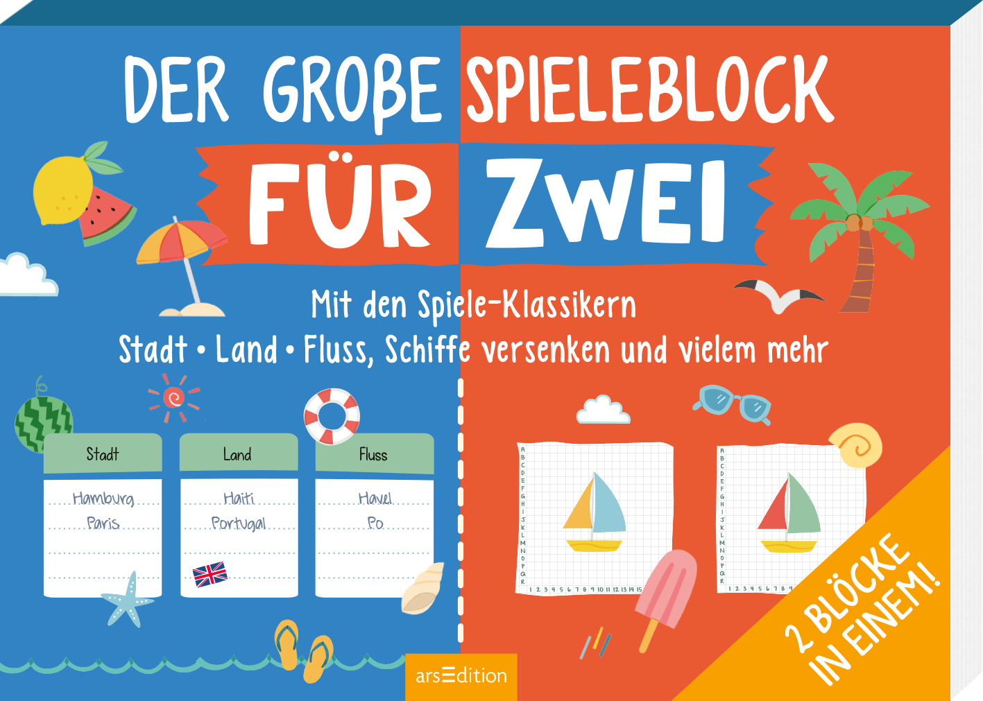 Das Cover zeigt eine bunte und fröhliche Gestaltung mit einem sommerlichen Thema. Auf der linken Seite steht in großen, leuchtend roten Buchstaben „DER GROBE SPIELEBLOCK“, darüber der Text „FÜR ZWEI“ in kräftigem Blau. Darunter befindet sich die Beschreibung „Mit den Spiele-Klassikern Stadt • Land • Fluss, Schiffe versenken und vielem mehr“ in kleinerer, verzierter Schrift. Auf der rechten Seite sind Illustrationen von Spielzeugbooten und einem Schwimmreifen zu sehen. Ganz...