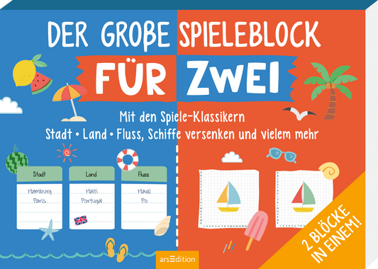 Das Cover zeigt eine bunte und fröhliche Gestaltung mit einem sommerlichen Thema. Auf der linken Seite steht in großen, leuchtend roten Buchstaben „DER GROBE SPIELEBLOCK“, darüber der Text „FÜR ZWEI“ in kräftigem Blau. Darunter befindet sich die Beschreibung „Mit den Spiele-Klassikern Stadt • Land • Fluss, Schiffe versenken und vielem mehr“ in kleinerer, verzierter Schrift. Auf der rechten Seite sind Illustrationen von Spielzeugbooten und einem Schwimmreifen zu sehen. Ganz...
