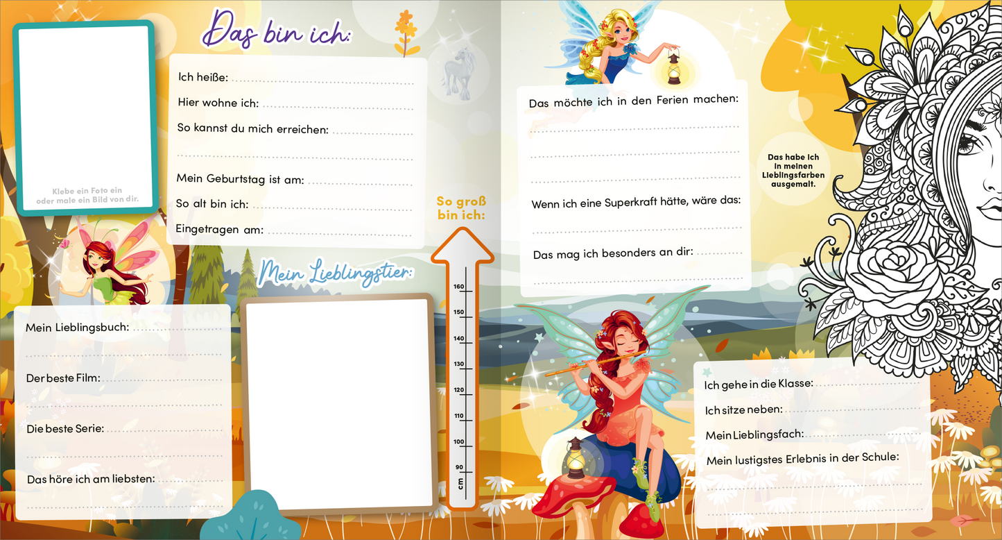 Gezeigt wird eine Innen- oder Zusatzansicht von „Meine Schulfreunde – Einhorn“. Die Seite ist in sanften Pastellfarben gehalten, hauptsächlich Gelb, Blau und Rosa. Links befindet sich ein Bereich mit leeren Feldern zum Ausfüllen persönlicher Informationen, überschrieben mit „Das bin ich“. Auf der rechten Seite prangt eine fröhliche Einhornfigur mit funkelnden Flügeln, umgeben von Blumen und Sternen. Die Schrift ist verspielt und gut lesbar, perfekt für Kinder.