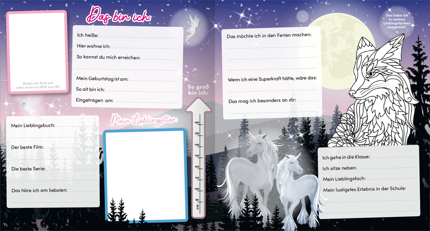 Gezeigt wird eine Innen- oder Zusatzansicht von „Meine Schulfreunde – Einhorn“. Die Seite ist in sanften Lila- und Blautönen gehalten und zeigt eine Traumlandschaft mit Sternen und einer großen, hellen Mondscheibe. Links sind dekorative Felder für persönliche Informationen und Kreativelemente, während rechts ein niedliches Einhorn und ein Wolf in Zeichentrickstil abgebildet sind. Die Typografie ist verspielt und freundlich, ergänzt durch handschriftliche Textfelder für persönliche...