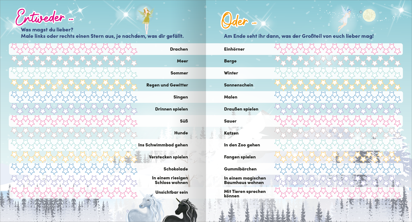 Gezeigt wird eine Innen- oder Zusatzansicht von „Meine Schulfreunde – Einhorn“. Die Doppelseite enthält eine himmelblaue Hintergrundfarbe mit glitzernden Sternen und sanften weißen Wolken. Links sind verschiedene Freizeitaktivitäten in rosa und blauen Kästchen aufgeführt, die von Sternen umrahmt werden. Die Schrift ist verspielt und klar lesbar. Auf der rechten Seite steht „Oder“ in einer größeren, auffälligen Schrift. Ein stilisiertes Einhorn und andere fantasievolle Elemente...