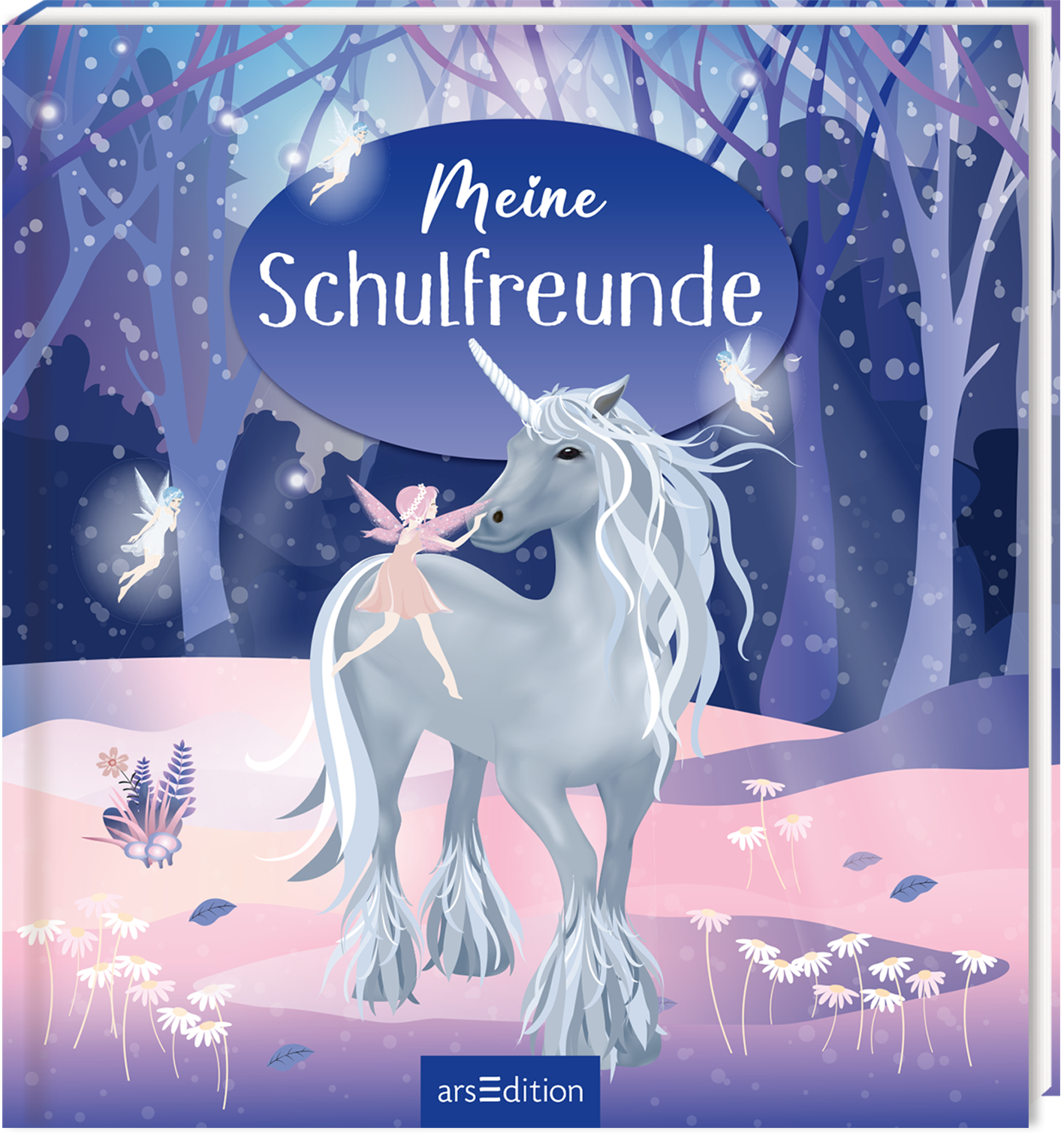 Das Buchcover zeigt ein zauberhaftes Szenario mit einem grauen Einhorn und einer kleinen, geflügelten Fee, die zärtlich miteinander interagieren. Der Hintergrund ist in sanften Blau- und Rosatönen gehalten, mit einer mystischen Waldszenerie und leuchtenden Sternen. Die Schrift „Meine Schulfreunde“ erscheint in eleganter, weißer Typografie innerhalb einer ovalen, blauen Fläche. Ganz oben rechts ist ein SPIEGEL-Bestseller-Button zu sehen. Ganz unten mittig steht der Logoschriftzug von...