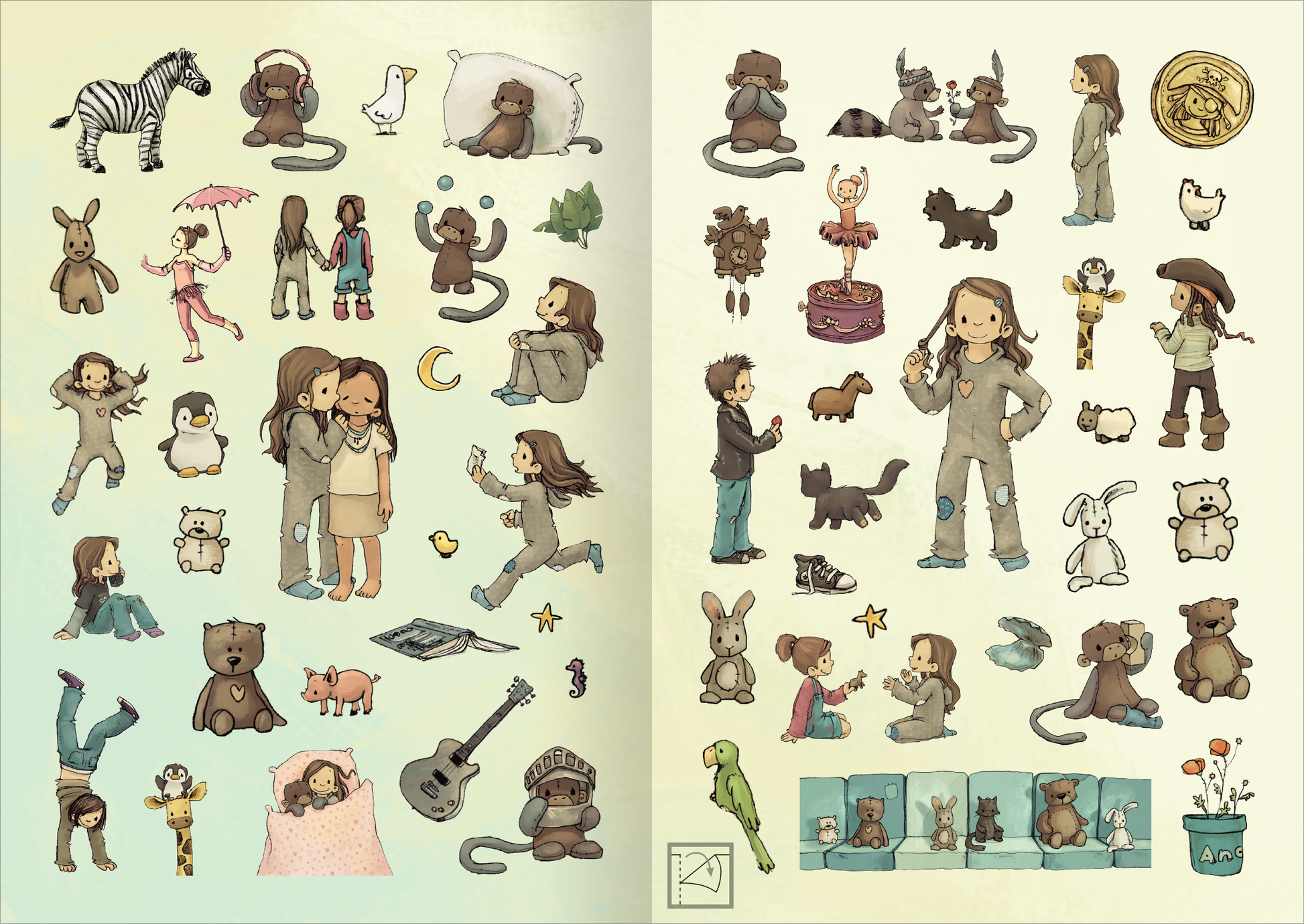 Gezeigt wird eine Innen- oder Zusatzansicht von „Anouk – Stickerheft“. Die Illustration zeigt eine bunte Sammlung von Stickern, darunter viele niedliche Tiere wie Bären, Pinguine und ein Zebra. Eingebunden sind auch verschiedene Figuren, die fröhliche Aktivitäten ausführen. Die Farben sind sanft und pastellartig, mit dominierenden Rosa-, Blau- und Grüntönen.