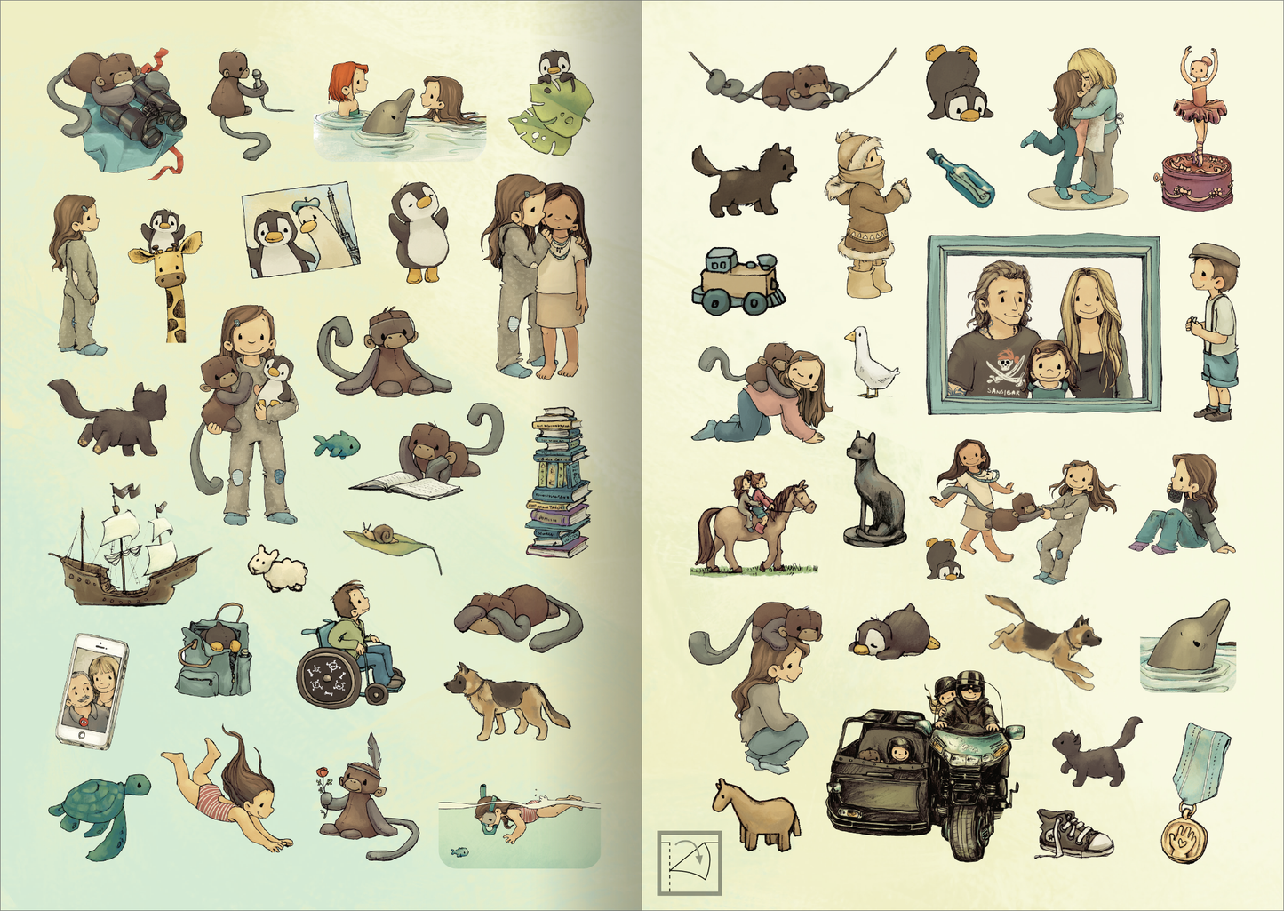 Gezeigt wird eine Innen- oder Zusatzansicht von „Anouk – Stickerheft“. Die Illustration zeigt eine bunte Sammlung von Stickern, darunter viele niedliche Tiere wie Bären, Pinguine und ein Zebra. Eingebunden sind auch verschiedene Figuren, die fröhliche Aktivitäten ausführen. Die Farben sind sanft und pastellartig, mit dominierenden Rosa-, Blau- und Grüntönen.