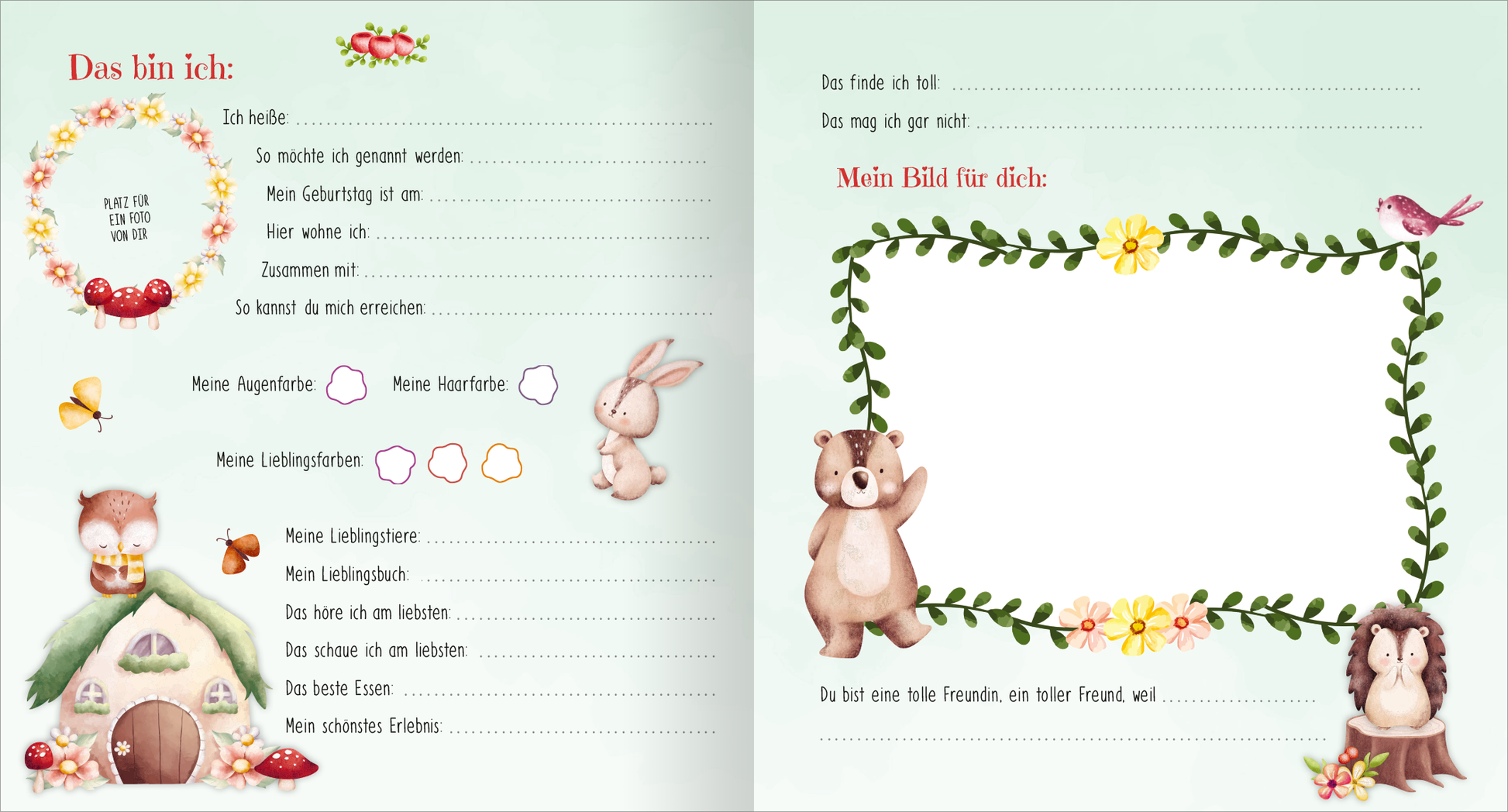 Gezeigt wird eine Innen- oder Zusatzansicht von „Meine liebsten Freunde – Feen“. Die Seite ist in sanften Pastellfarben, überwiegend hellgrün, gehalten. Links befinden sich unter einem verspielten Blumenrand Platzhalter für persönliche Informationen, umgeben von Illustrationen eines kleinen Hauses, eines Kaninchens und eines Eulenkopfes. Rechts wird ein leeres Feld für ein Bild angeboten, eingerahmt von blühenden Ranken und einer kleinen Vogelillustration. Die Schrift ist freundlich...