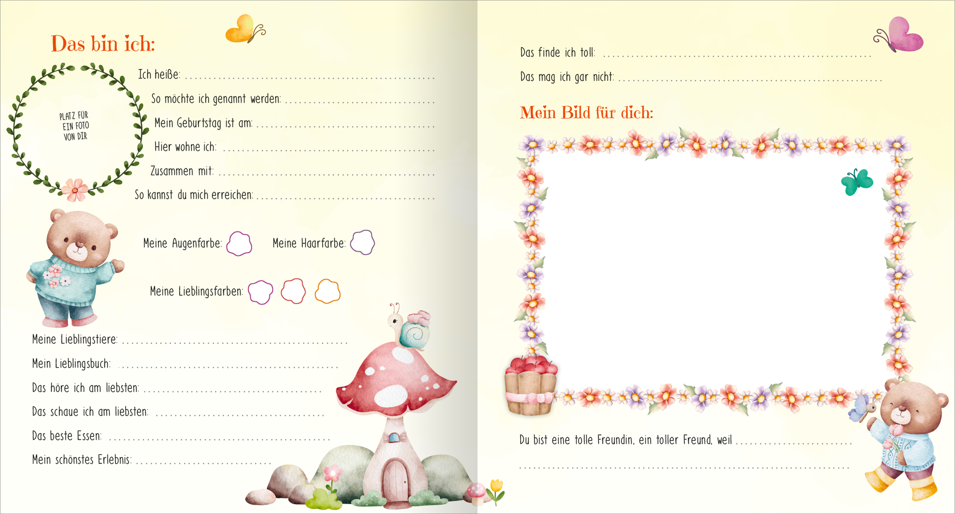 Gezeigt wird eine Innen- oder Zusatzansicht von „Meine liebsten Freunde – Feen“. Die Doppelseite ist in sanften Pastellfarben gehalten und zeigt verspielte Illustrationen von Bären und Pilzen. Links befindet sich ein Abschnitt mit Fragen zur eigenen Person, eingerahmt von einer blühenden Kranzgrafik. Rechts ist ein leerer Bereich für ein eigenes Bild, umgeben von einer bunten Blumenborder. Die Schrift ist gut lesbar und in einer freundlichen, kindgerechten Typografie gestaltet.