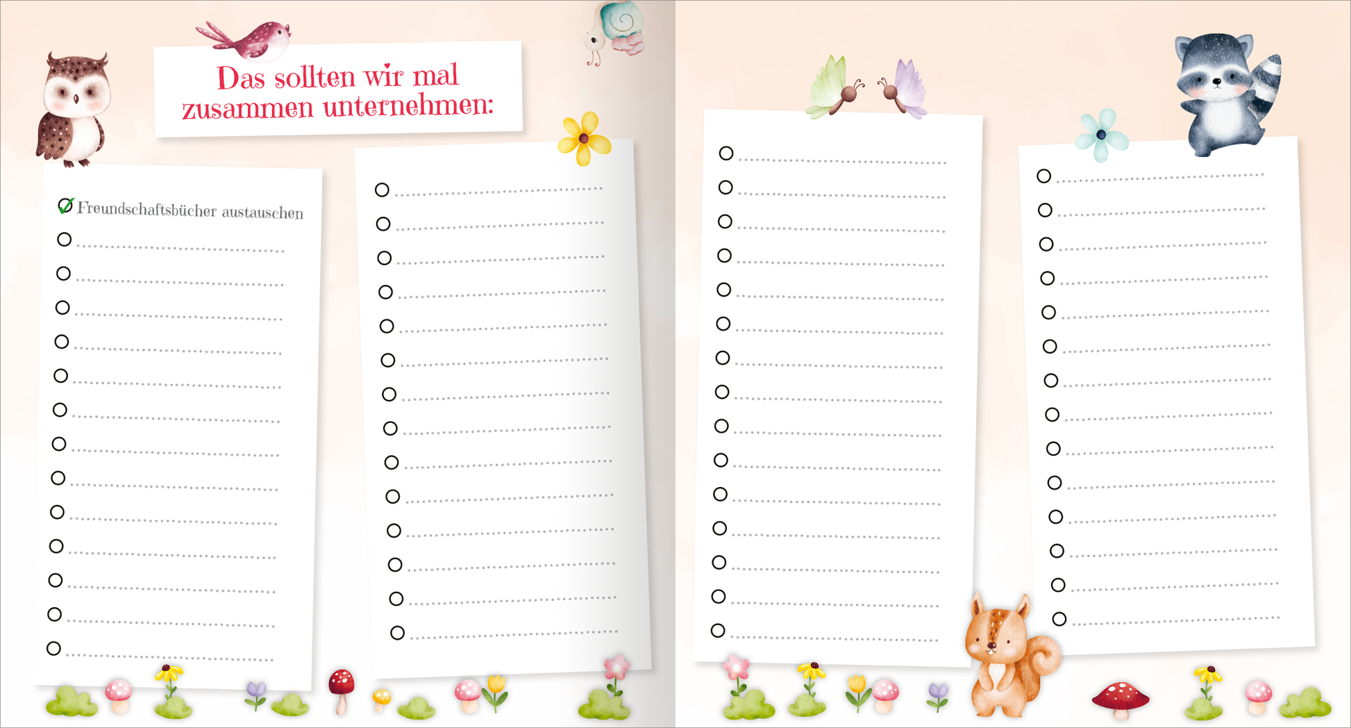 Gezeigt wird eine Innen- oder Zusatzansicht von „Meine liebsten Freunde – Feen“. Die Seite ist in sanften Pastellfarben gehalten, vor allem Rosa und Hellblau. Oben steht in verspielter Schrift „Das sollten wir mal zusammen unternehmen:“. Darunter befinden sich zwei Listenbereiche mit Punkten zum Ausfüllen. Am unteren Rand sind niedliche Illustrationen von Tieren und Blumen zu sehen, darunter eine Eule, ein Waschbär und ein Eichhörnchen, die zur Freundlichkeit und Fantasie einladen.