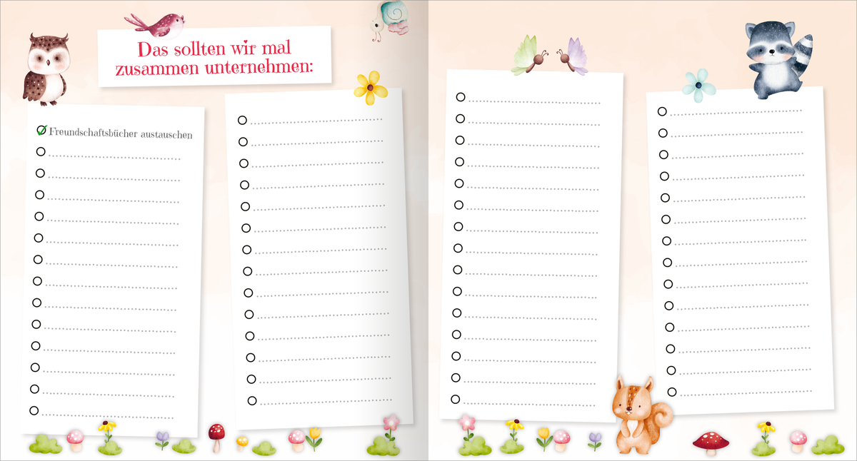 Gezeigt wird eine Innen- oder Zusatzansicht von „Meine liebsten Freunde – Feen“. Die Seite ist in sanften Pastellfarben gehalten, vor allem Rosa und Hellblau. Oben steht in verspielter Schrift „Das sollten wir mal zusammen unternehmen:“. Darunter befinden sich zwei Listenbereiche mit Punkten zum Ausfüllen. Am unteren Rand sind niedliche Illustrationen von Tieren und Blumen zu sehen, darunter eine Eule, ein Waschbär und ein Eichhörnchen, die zur Freundlichkeit und Fantasie einladen.