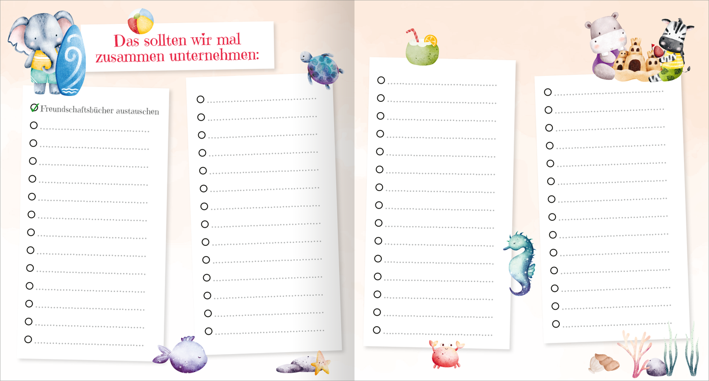 Gezeigt wird eine Innenansicht von „Meine liebsten Freunde – Meerjungfrau“. Die Seite präsentiert eine sanfte, pastellfarbene Hintergrundgestaltung. Oben steht der Titel „Das sollten wir mal zusammen unternehmen“ in auffälliger, roter typografischer Schrift. Auf beiden Seiten sind leere Listen mit aufgelockerten Punkten für Einträge. Um die Listen herum sind süße, kindliche Illustrationen von Meeresbewohnern, wie einem Elefanten, einer Ente und einem Seepferdchen, die das Thema...