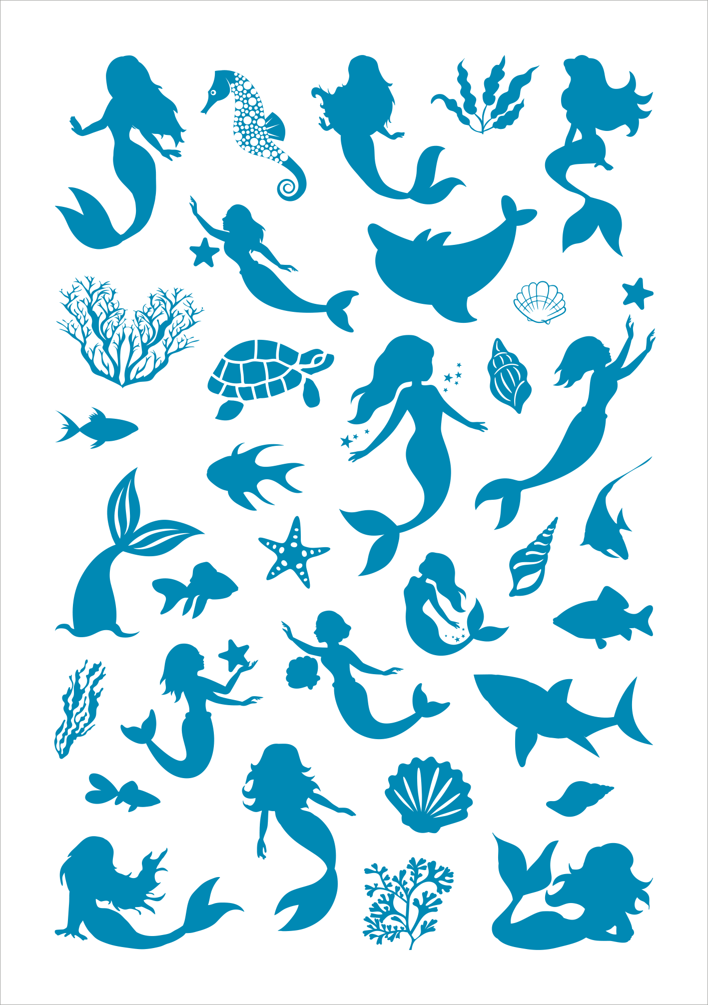 Gezeigt wird eine Innen- oder Zusatzansicht von „Metallic-Sticker – Meerjungfrauen“. Die Ansicht zeigt eine Vielzahl von stilisierten, blauen Meerjungfrauen und maritimen Motiven wie Fische, Schildkröten, Seesterne und Korallen. Die Sticker sind in unterschiedlichen Größen und Positionen angeordnet. Der Hintergrund ist weiß, wodurch die blauen Elemente lebendig und auffällig erscheinen. Die Typografie ist nicht sichtbar, da es sich um grafische Motive handelt.