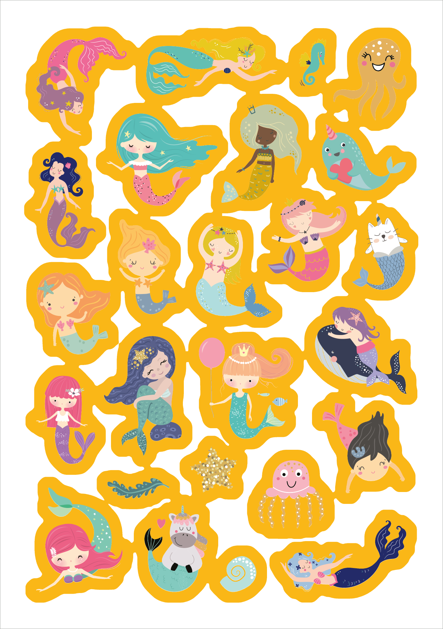 Gezeigt wird eine Innen- oder Zusatzansicht von „Metallic-Sticker – Meerjungfrauen“. Die Ansicht präsentiert eine Vielzahl farbenfroher, liebevoll gestalteter Meerjungfrauen und Meereslebewesen auf einem leuchtend gelben Hintergrund. Die Typografie ist verspielt und kindgerecht. Jede Figur ist in unterschiedlichen Farben wie Blau, Pink und Lila gehalten, wobei Metallic-Elemente für einen schimmernden Effekt sorgen. Die Illustrationen vermitteln Freude und Fantasie.