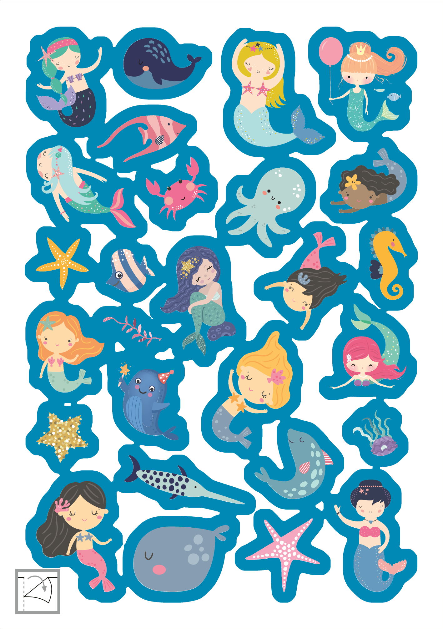 Gezeigt wird eine Innen- oder Zusatzansicht von „Metallic-Sticker – Meerjungfrauen“. Die Ansicht zeigt eine bunte Auswahl an Meerjungfrauen und Meeresbewohnern, die in lebhaften Farben wie Blau, Rosa und Gelb gestaltet sind. Die Meerjungfrauen tragen verschiedene Kopfbedeckungen und Pose, um eine verspielte Darstellung zu erzeugen. Hintergründe sind oft in sanften Blautönen gehalten, während die Umrandungen der Sticker metallisch wirken. Die Typografie ist verspielt und kindgerecht.