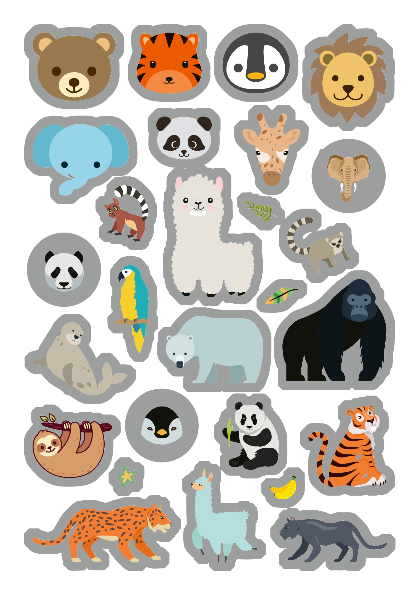 Gezeigt wird eine Innen- oder Zusatzansicht von „Metallic-Sticker – Wilde Tiere“. Die Ansicht zeigt verschiedene Tiermotive in lebhaften Farben, darunter einen Bären, einen Tiger, einen Elefanten und einen Gorillafamilien. Die Sticker sind in klaren, verspielten Illustrationen gestaltet, umgeben von einem glänzenden silbernen Rand. Die Typografie ist minimal, mit einem kindgerechten und einladenden Stil, der die verschiedenen Tierarten anschaulich darstellt.