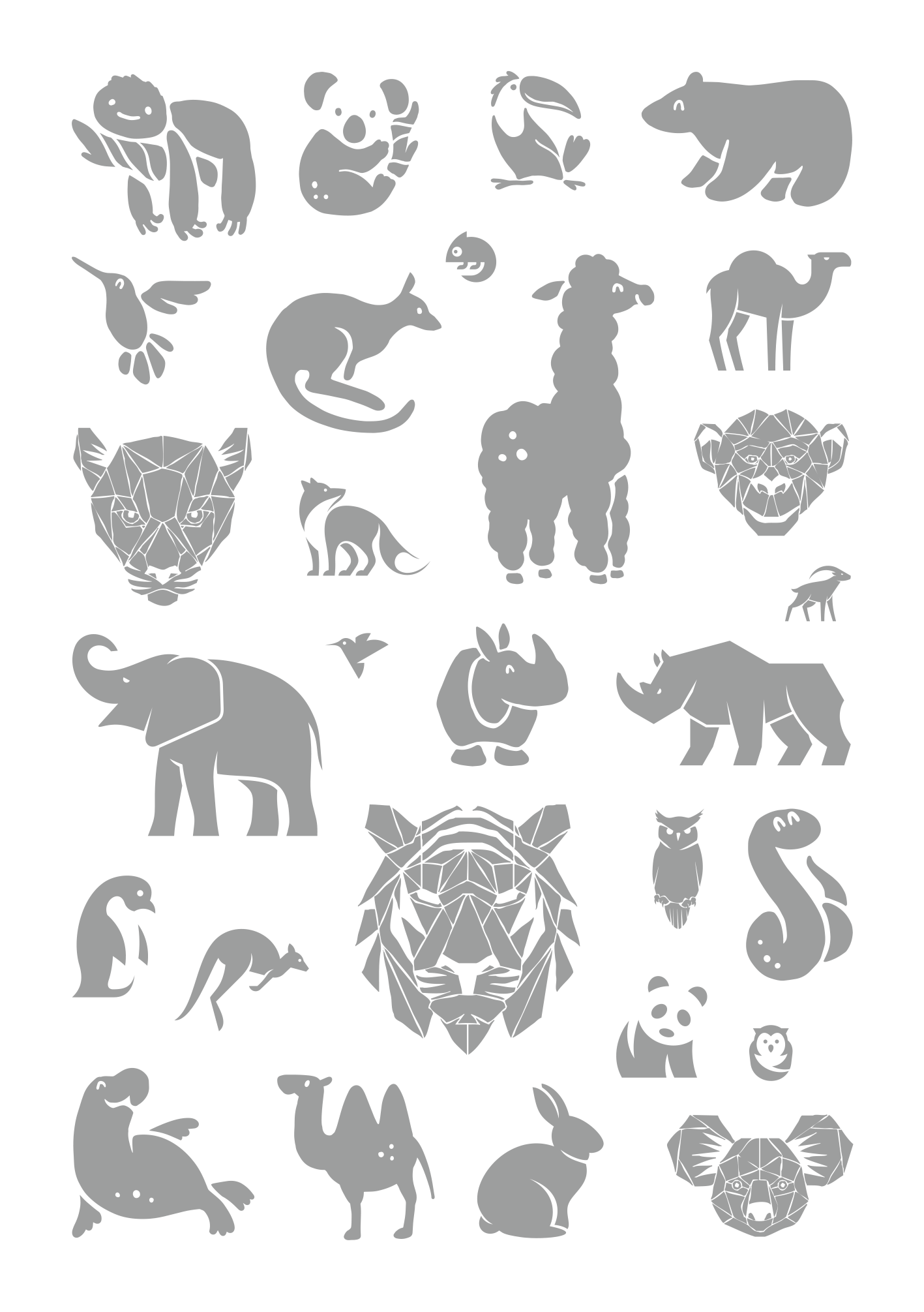 Gezeigt wird eine Innen- oder Zusatzansicht von „Metallic-Sticker – Wilde Tiere“. Die Darstellung zeigt eine Vielzahl von stilisierten Tiermotiven in verschiedenen Grautönen, darunter Elefant, Löwe, Giraffe und Panda. Die Tiere sind geometrisch gestaltet, was ihnen ein modernes und verspieltes Aussehen verleiht. Die Anordnung ist symmetrisch und sowohl für Kinder als auch für Erwachsene ansprechend. Die Verwendung von Metallic-Finish verleiht den Stickern einen besonderen Glanz und...