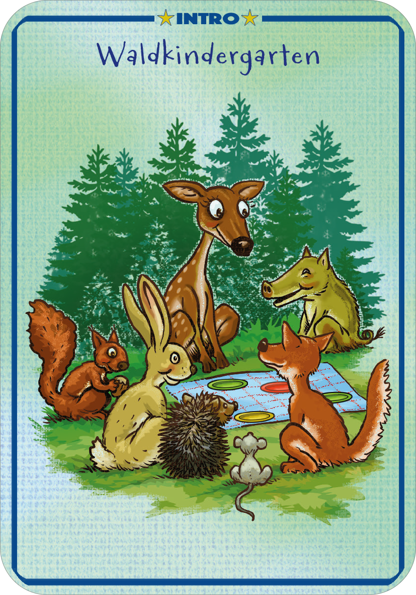 Gezeigt wird eine Innen- oder Zusatzansicht von „Spinn dich aus – Tiergeschichten“. Die Illustration zeigt eine Gruppe von Tieren, darunter ein Reh, ein Eichhörnchen, ein Hase, ein Igel, eine Maus und ein Fuchs, die um ein buntes Spiel auf dem Boden versammelt sind. Der Hintergrund ist von grünen, stilisierten Tannenbäumen geprägt. Die Farbpalette ist lebhaft und warm, dominiert von Grün- und Brauntönen. Der Titel „Waldkindergarten“ ist in blauer, verspielter Schrift am oberen...