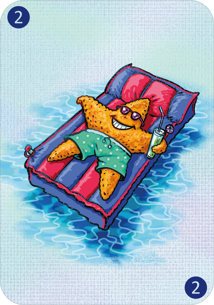 Gezeigt wird eine Innen- oder Zusatzansicht von „Spinn dich aus – Tiergeschichten“. Die Illustration zeigt einen lächelnden, orangefarbenen Seestern, der auf einer bunten Liege im Wasser entspannt. Er trägt eine farbige Sonnenbrille und grüne Shorts mit weißen Sternen. In seiner Hand hält er ein Getränk mit einem Strohhalm. Der Hintergrund ist in sanften Blau- und Türkistönen gehalten, was eine ruhige, sommerliche Atmosphäre vermittelt. Die Zahl „2“ ist in der oberen linken...