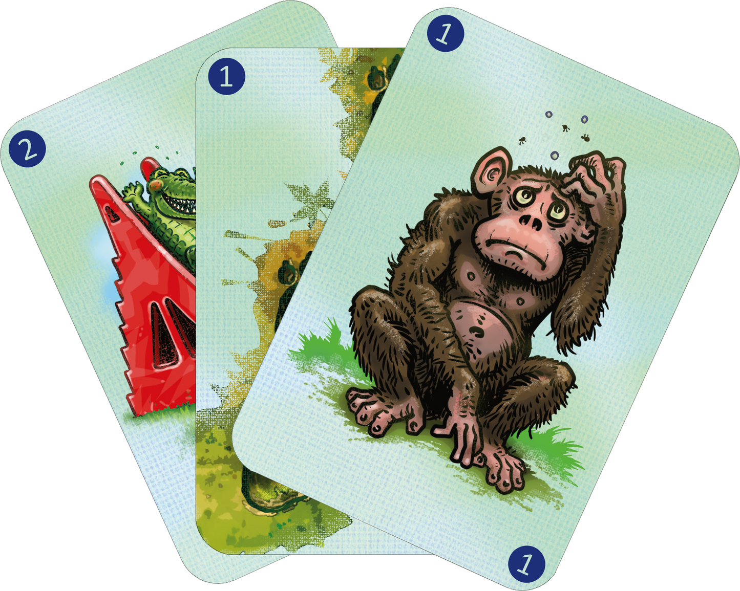 Gezeigt wird eine Innen- oder Zusatzansicht von „Spinn dich aus – Tiergeschichten“. Die Abbildung zeigt drei aufgefächerte Spielkarten mit fröhlichen Illustrationen von Tieren. Die Karten sind in sanften Pastellfarben gestaltet, wobei Rot -, Grün- und Blautöne dominieren. Die oberste Karte zeigt einen nachdenklichen, braunen Affen. Die Karten sind mit klaren, großen Zahlen in blauen Kreisen beschriftet.