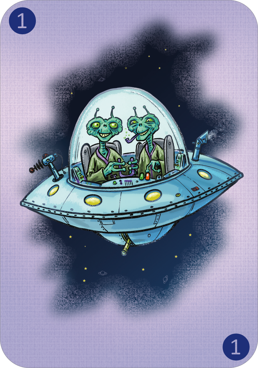 Gezeigt wird eine Innen- oder Zusatzansicht von „Spinn dich aus – Fantasiegeschichten“. Die Illustration zeigt zwei grüne, charakteristische Aliens in einem Ufo, das futuristisch gestaltet ist. Die Aliens wirken verschmitzt und lächeln, während sie das Ufo bedienen. Die Farbpalette umfasst sanfte Blau- und Lilatöne, ergänzt durch violette und schwarze Hintergründe, die eine Weltraumatmosphäre schaffen.