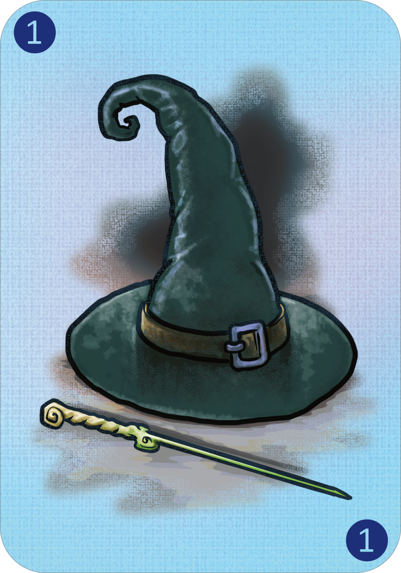 Gezeigt wird eine Innen- oder Zusatzansicht von „Spinn dich aus – Fantasiegeschichten“. Die Abbildung zeigt einen schwarzen Hexenhut mit einer geschwungenen Spitze und einem braunen Gürtel. Daneben liegt ein Zauberstab mit einer spiralförmigen Griffgestaltung. Der Hintergrund ist hellblau, was die Fantasie der Szene betont. Die Illustrationsstil ist verspielt und ansprechend, ideal für Kinder.