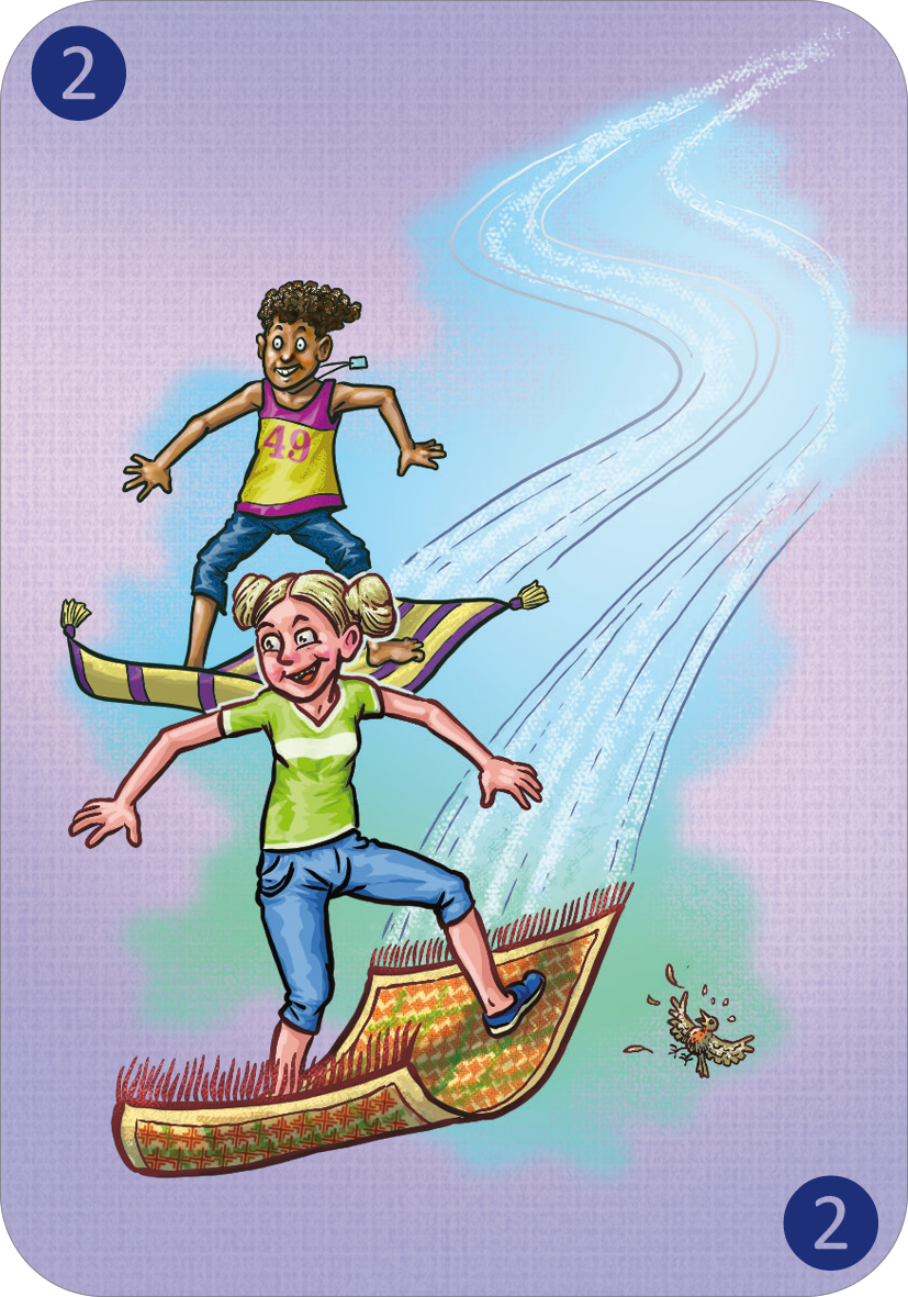 Gezeigt wird eine Innen- oder Zusatzansicht von „Spinn dich aus – Fantasiegeschichten“. Zwei fröhliche Kinder stehen auf je einem fliegenden Teppich und gleiten durch einen hellen, lila Hintergrund. Das Mädchen mit blondem Haar trägt ein grünes T-Shirt und blaue Jeans, während der Junge in einem gelben Sportoberteil und kurzen Hosen zu sehen ist. Der Teppich ist detailreich mit einem bunten Muster versehen. Dynamische Linien hinter den Kindern verstärken den Eindruck von Bewegung...