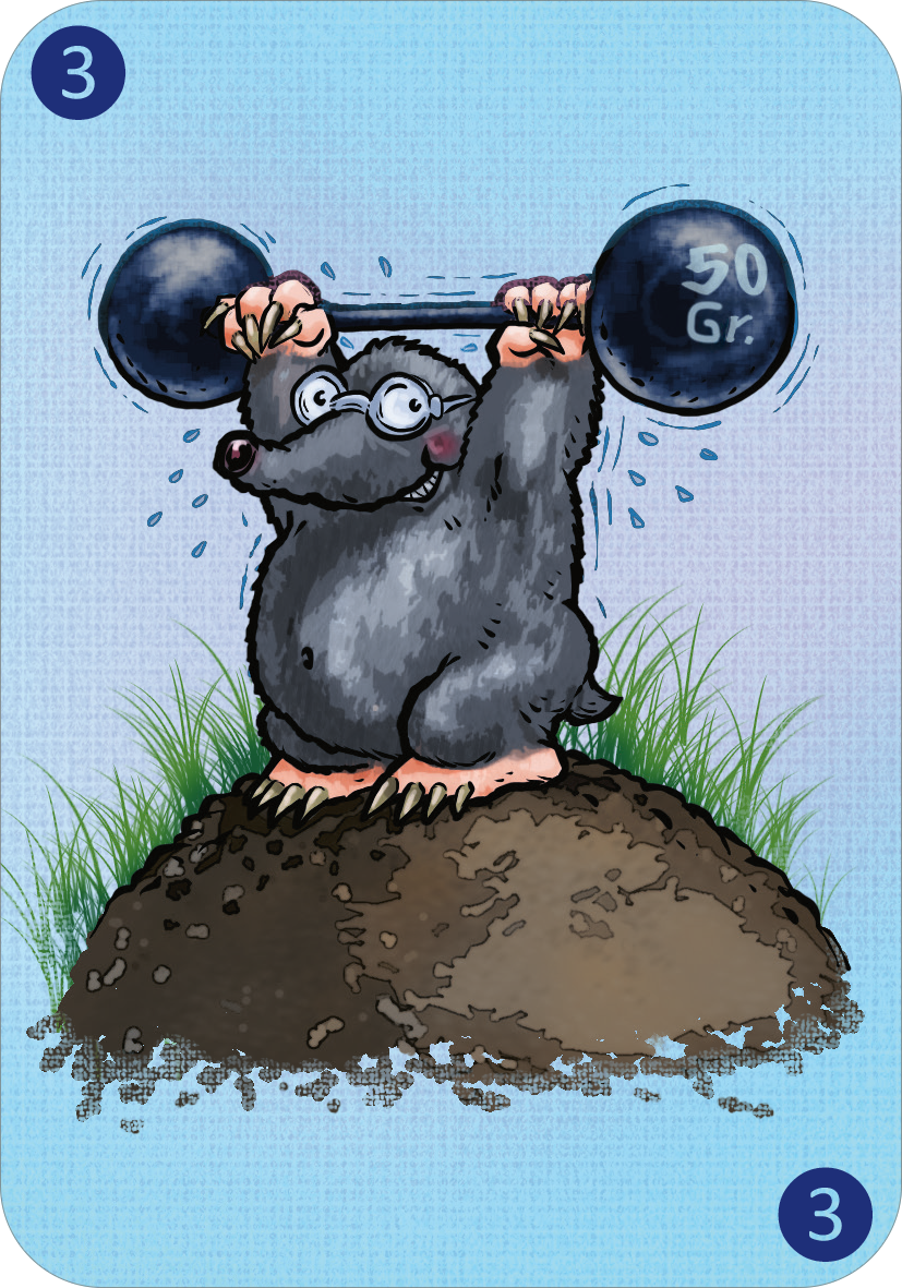 Gezeigt wird eine Innen- oder Zusatzansicht von „Spinn dich aus – Fantasiegeschichten“. Auf der Abbildung ist ein fröhlicher Maulwurf zu sehen, der mit einer großen Hantel über seinem Kopf auf einem Erdhügel posiert. Er trägt eine Brille und wirkt sportlich. Das Bild ist bunt gehalten, mit einem klaren, hellblauen Hintergrund und grünen Grasflächen.