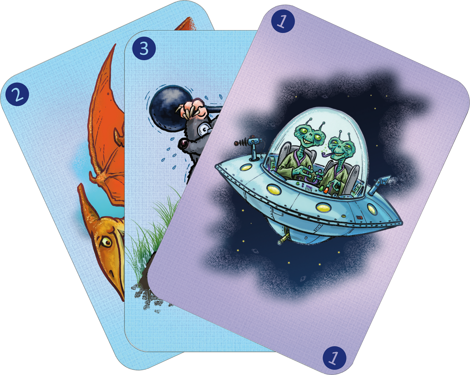 Gezeigt wird eine Innen- oder Zusatzansicht von „Spinn dich aus – Fantasiegeschichten“. Die Abbildung zeigt drei aufgefächerte farbenfrohe Spielkarten. Die oberste Karte zeigt ein Ufo mit zwei Aliens, die darinsitzen. Die Karten sind jeweils mit unterschiedlichen Ziffern nummeriert.