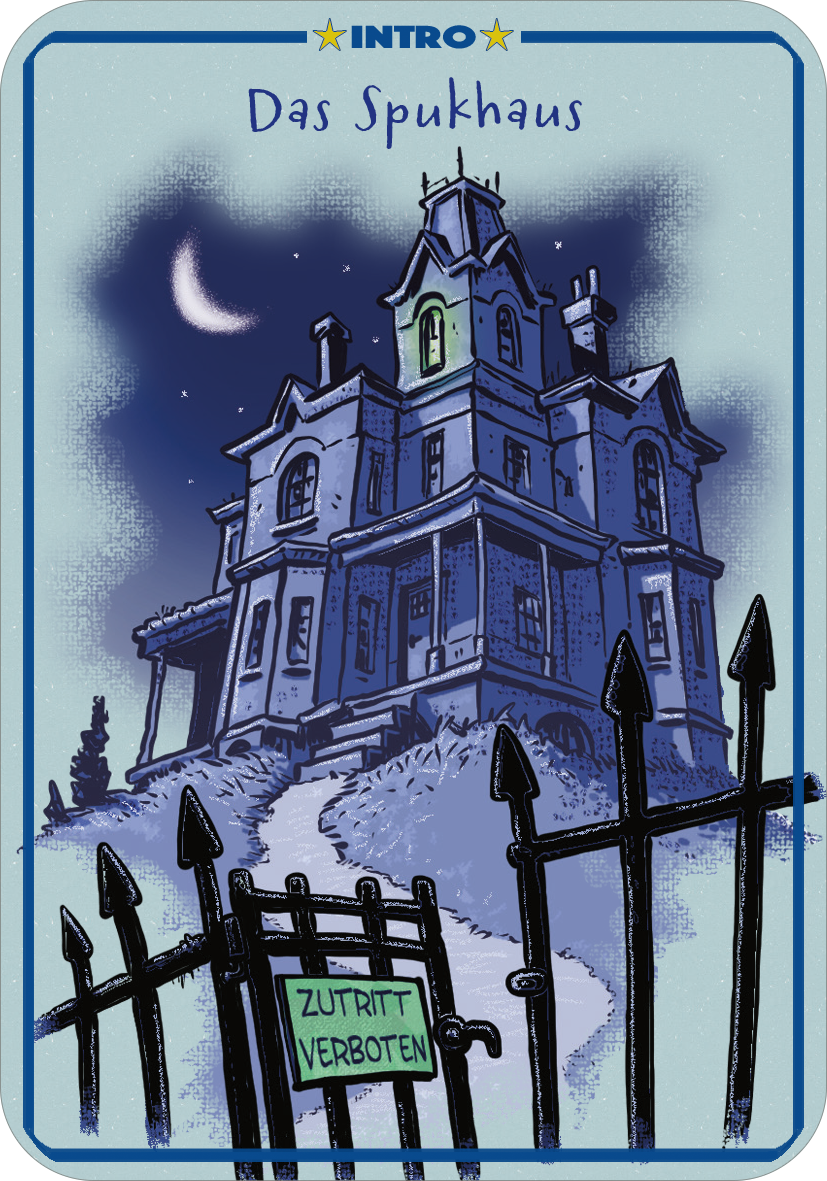 Gezeigt wird eine Innen- oder Zusatzansicht von „Spinn dich aus – Gruselgeschichten“. Die Illustration stellt ein spukiges, nachts beleuchtetes Haus dar, das in verschiedenen Blautönen gehalten ist. Eine große, grüne Fensterbeleuchtung erzeugt eine unheimliche Stimmung, während der Mond am Himmel leuchtet. Vor dem Haus befindet sich ein schwarz umrandeter Zaun mit einem Schild „Zutritt verboten“, das die gruselige Atmosphäre unterstreicht. Die Schrift ist verspielt und wirkt...