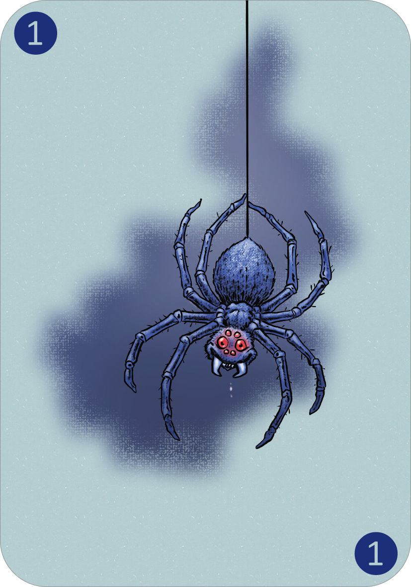 Gezeigt wird eine Innen- oder Zusatzansicht von „Spinn dich aus – Gruselgeschichten“. Die Illustration zeigt eine große, detaillierte Spinne mit einem runden Körper und langen, dünnen Beinen. Sie ist in dunklen Blau- und Lilatönen gehalten, während die Augen rot leuchten. Im Hintergrund sind verschwommene, hellere Schatten zu erkennen. Die Typografie ist groß und klar, mit der Zahl „1“ in einer runden, blauen Kapsel, was die Aufmachung verstärkt.