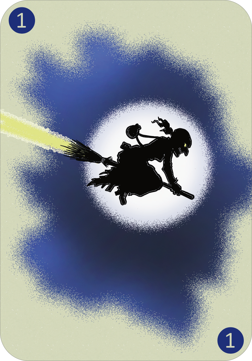 Gezeigt wird eine Innen- oder Zusatzansicht von „Spinn dich aus – Gruselgeschichten“. Die Illustration zeigt eine hexenartige Figur, die auf einem Besen reitet. Der Hintergrund ist in einem beige und dunkelblau gehalten, während ein kreisförmiger weißer Kreis den Fokus auf die fliegende Hexe lenkt. Die Umrisse der Figur sind schwarz und betonen die dramatische Pose. In zwei Ecken befindet sich die Zahl „1“, die in einem abgerundeten Rahmen gestaltet ist.