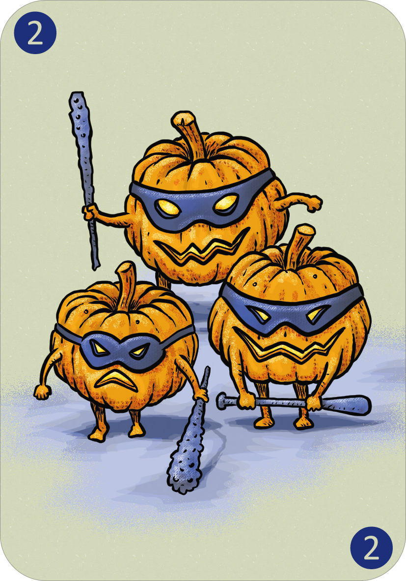 Gezeigt wird eine Innen- oder Zusatzansicht von „Spinn dich aus – Gruselgeschichten“. Die Illustration zeigt drei grinsende Kürbisse mit maskierten Gesichtern, die jeweils einen Knüppel in der Hand halten, während sie gruselig lächeln. Die Zahl 2 steht in zwei Ecken der Karte.