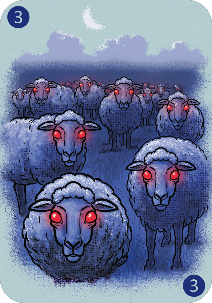 Gezeigt wird eine Innen- oder Zusatzansicht von „Spinn dich aus – Gruselgeschichten“. Die Illustration zeigt eine Schafherde mit leuchtend roten Augen, die vor einem dunklen, nachtblauen Hintergrund stehen. Der Himmel ist mit Wolken und einem schmalen Mond sichtbar. Die Schafe haben eine lockige Wolle und sind in unterschiedlichen Positionen angeordnet, was eine unheimliche Atmosphäre erzeugt. In zwei Ecken steht die Nummer 3.