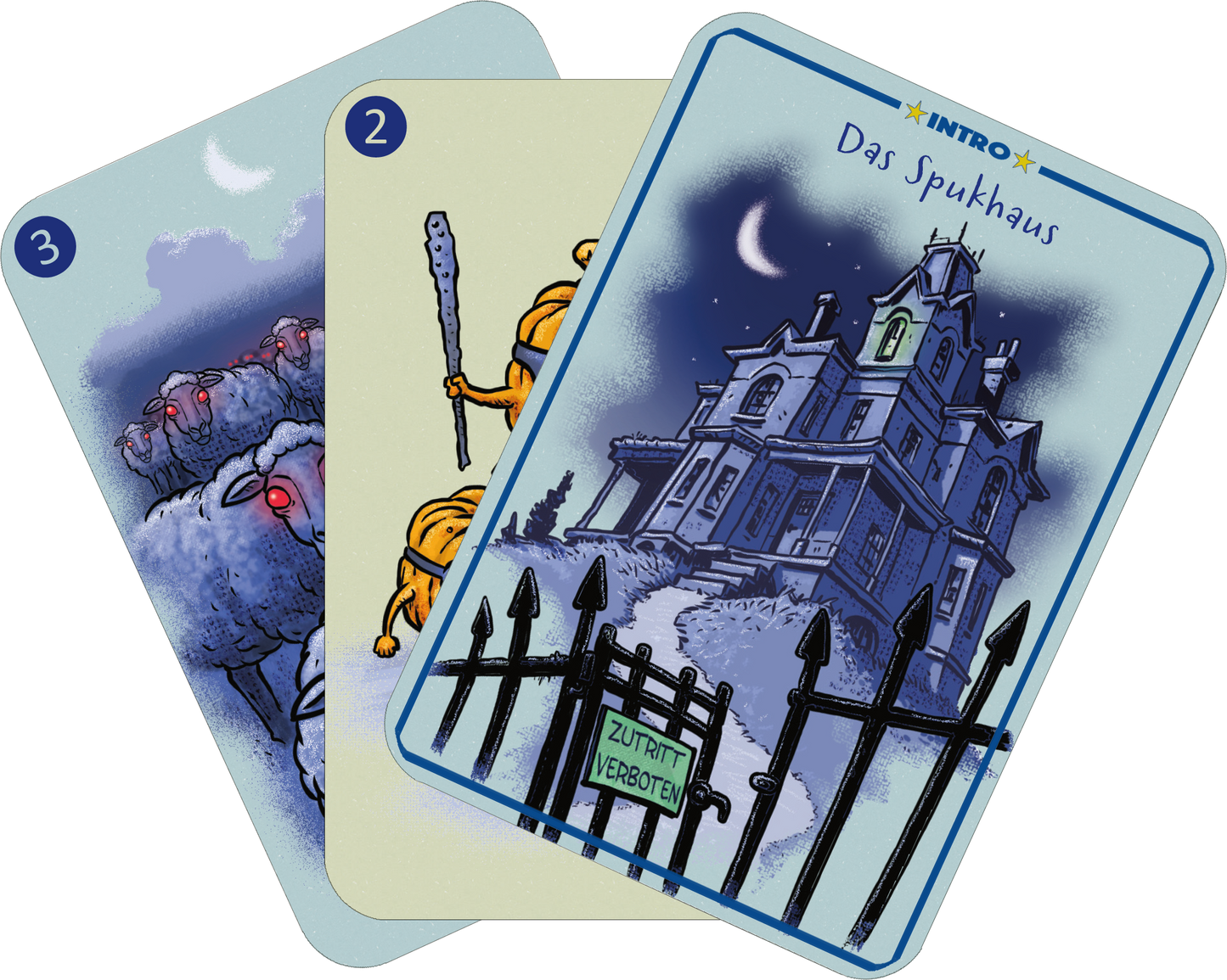 Gezeigt wird eine Innen- oder Zusatzansicht von „Spinn dich aus – Gruselgeschichten“. Die Abbildung zeigt drei aufgefächerte Spielkarten mit gruseligen Motiven. Die oberste Karte zeigt ein düsteres Spukhaus unter einem sternenklaren Himmel, umrahmt von einem Zaun und dem Schild „Zutritt verboten“.