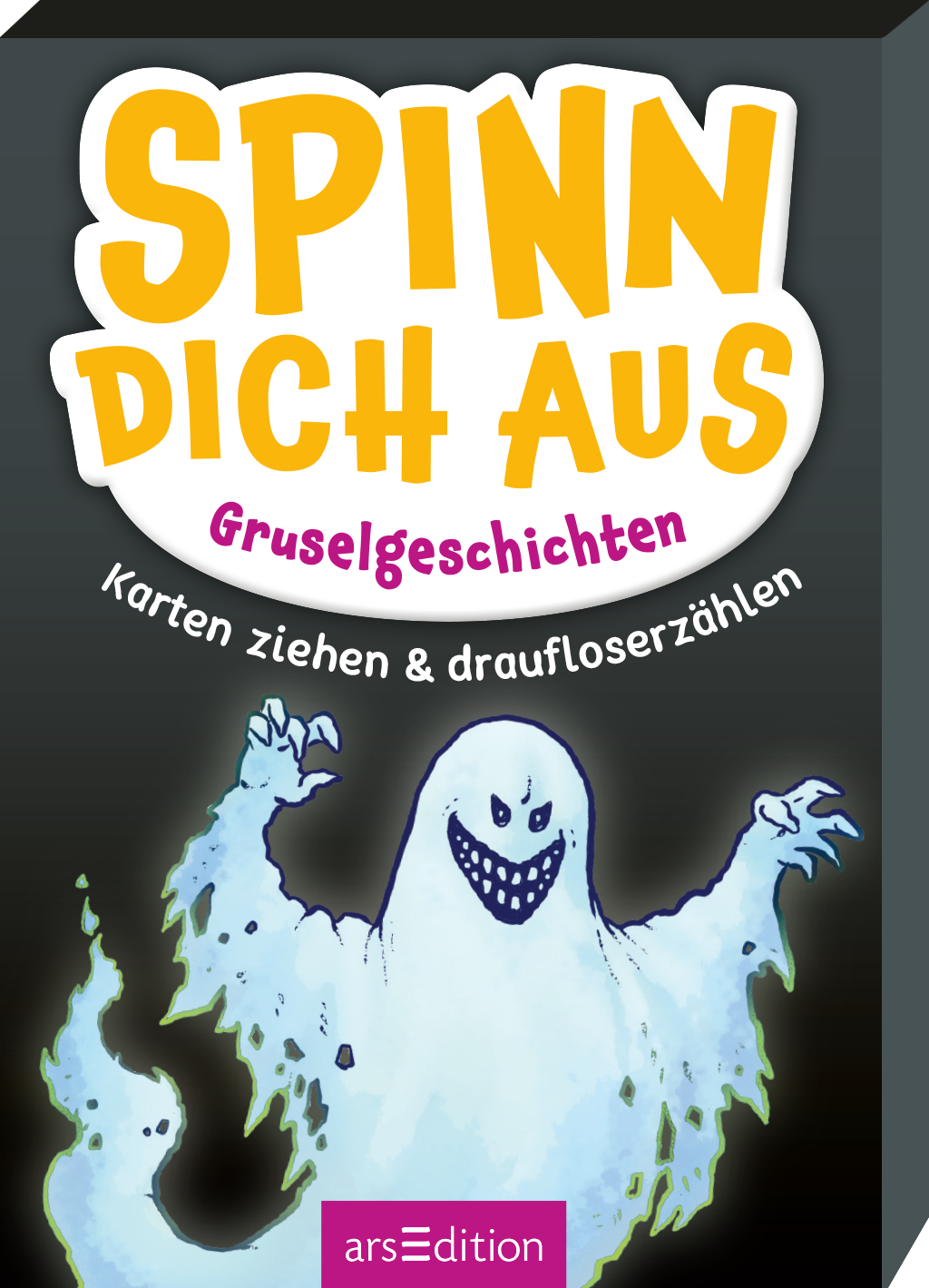 Die 3D-Ansicht der Kartenbox zeigt einen gruseligen, stilisierten Geist in leuchtenden Blau- und Weißtönen, der schelmisch lächelt. Der Titel „SPINN DICH AUS“ ist in großen, gelben Buchstaben angeordnet, während darunter in Pink „Gruselgeschichten“ steht. Am Coverrand ist die Aufforderung „Karten ziehen & draufloserzählen“ in kleinerer, weißer Schrift abgedruckt. Der Hintergrund ist schwarz. Ganz unten mittig steht der Logoschriftzug von arsEdition.