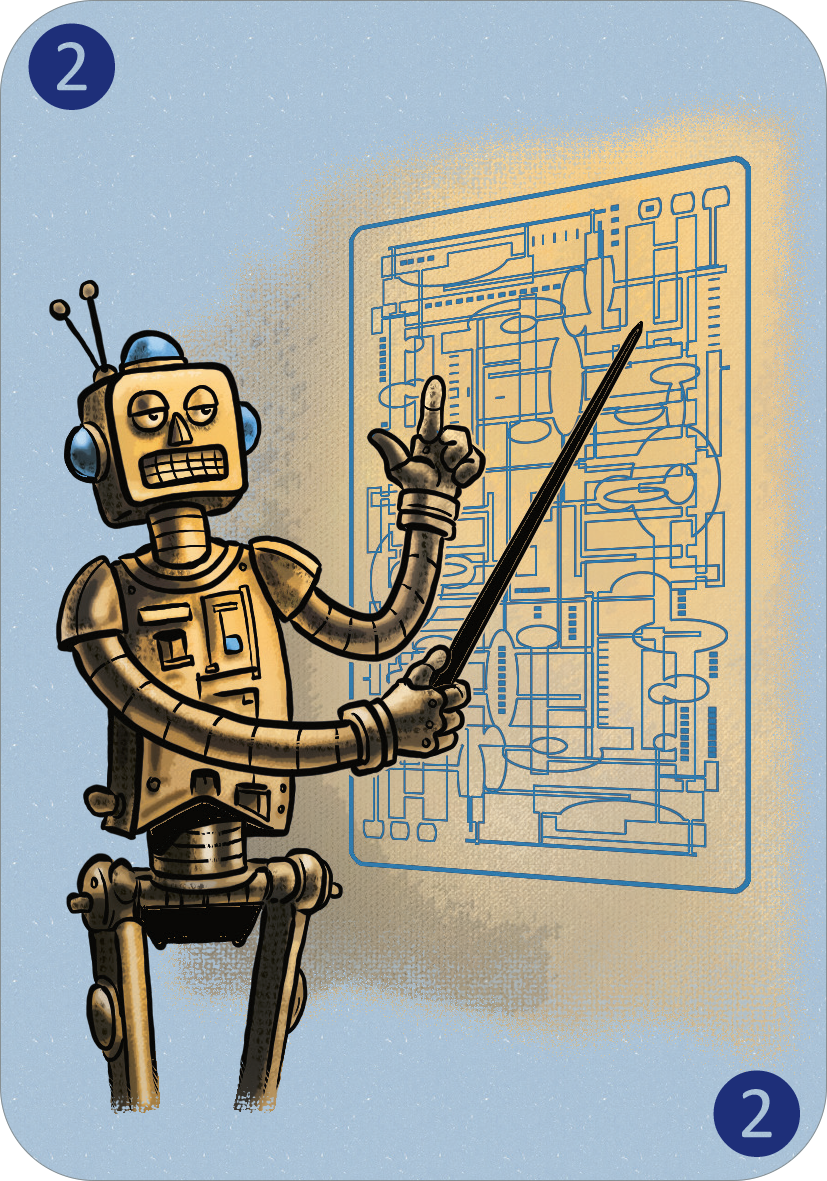 Gezeigt wird eine Innen- oder Zusatzansicht von „Spinn dich aus – Zeitreisegeschichten“. Der Hintergrund ist in Pastellblau gehalten, während ein humorvoll gestalteter, roboterähnlicher Charakter in braunen und goldenen Tönen im Vordergrund steht. Der Roboter hält einen Zeigestock und zeigt auf eine technische Zeichnung, die grobe, stilisierte Linien und Formen in einem helleren Blau zeigt.