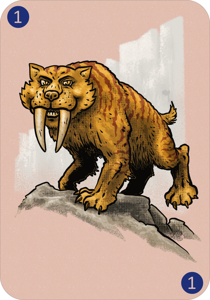 Gezeigt wird eine Innen- oder Zusatzansicht von „Spinn dich aus – Zeitreisegeschichten“. Die Illustration zeigt ein prähistorisches Säbelzahntiger mit stattlichen, ausgeprägten Eckzähnen und einem kräftigen, muskulösen Körper. Es steht auf einem grauen Felsen, während der Hintergrund in sanften, hellen Farbtönen gehalten ist.