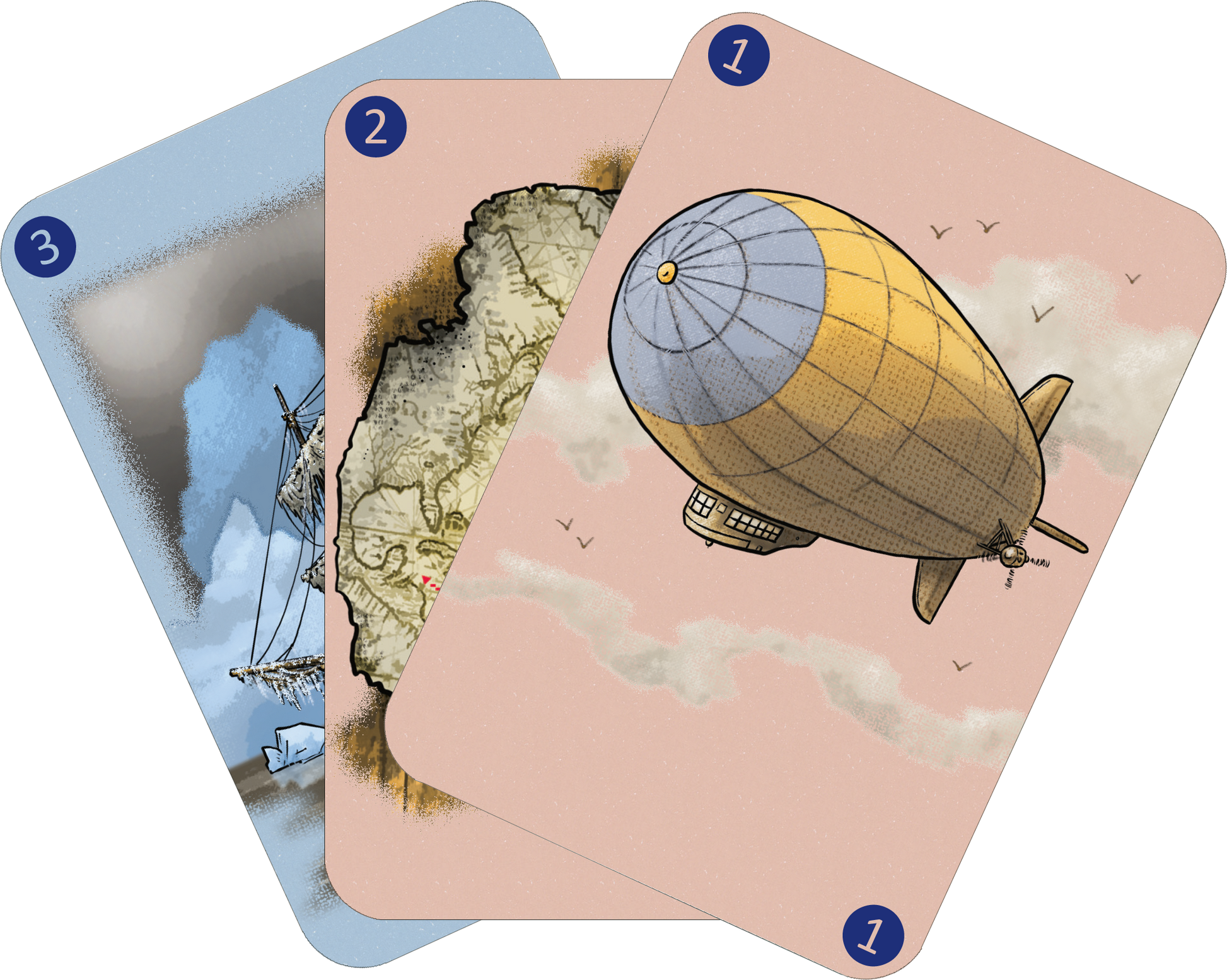 Gezeigt wird eine Innen- oder Zusatzansicht von „Spinn dich aus – Zeitreisegeschichten“. Die Abbildung zeigt drei aufgefächerte Karten, die auf einem sanften, pastellfarbenen Hintergrund angeordnet sind. Jede Karte hat eine eigene Farbe und Illustration. Die vorderste Karte zeigt ein Zeppelin. Die Karten sind nummeriert.