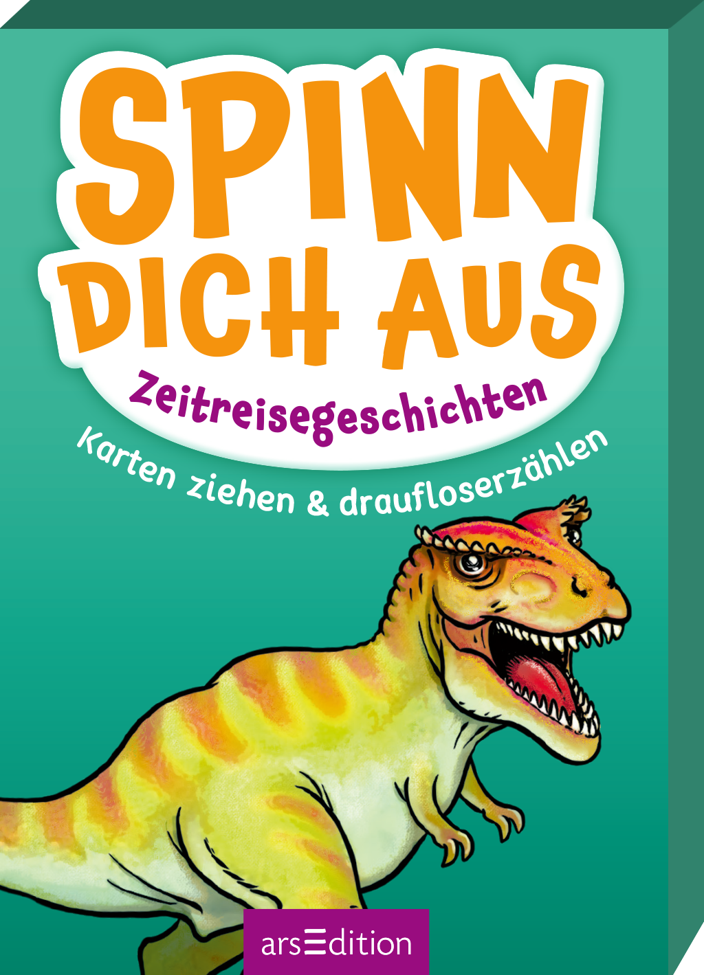 Die 3D-abbildung der Kartenbox zeigt einen leuchtend grünen Hintergrund mit dem Titel „SPINN DICH AUS“ in kräftig weißen und orangefarbenen Buchstaben. Darunter steht in kleinerer Schrift „Zeitreisegeschichten“ in lila. Ein farbenfrohes, cartoonhaftes Dinosaurier-Motiv, das freundlich wirkt, zieht die Blicke auf sich. Am unteren Rand des Covers sind die Worte „Karten ziehen & draufloserzählen“ in weißer Schrift zu sehen. Ganz unten mittig steht der Logoschriftzug von...
