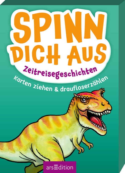 Die 3D-abbildung der Kartenbox zeigt einen leuchtend grünen Hintergrund mit dem Titel „SPINN DICH AUS“ in kräftig weißen und orangefarbenen Buchstaben. Darunter steht in kleinerer Schrift „Zeitreisegeschichten“ in lila. Ein farbenfrohes, cartoonhaftes Dinosaurier-Motiv, das freundlich wirkt, zieht die Blicke auf sich. Am unteren Rand des Covers sind die Worte „Karten ziehen & draufloserzählen“ in weißer Schrift zu sehen. Ganz unten mittig steht der Logoschriftzug von...