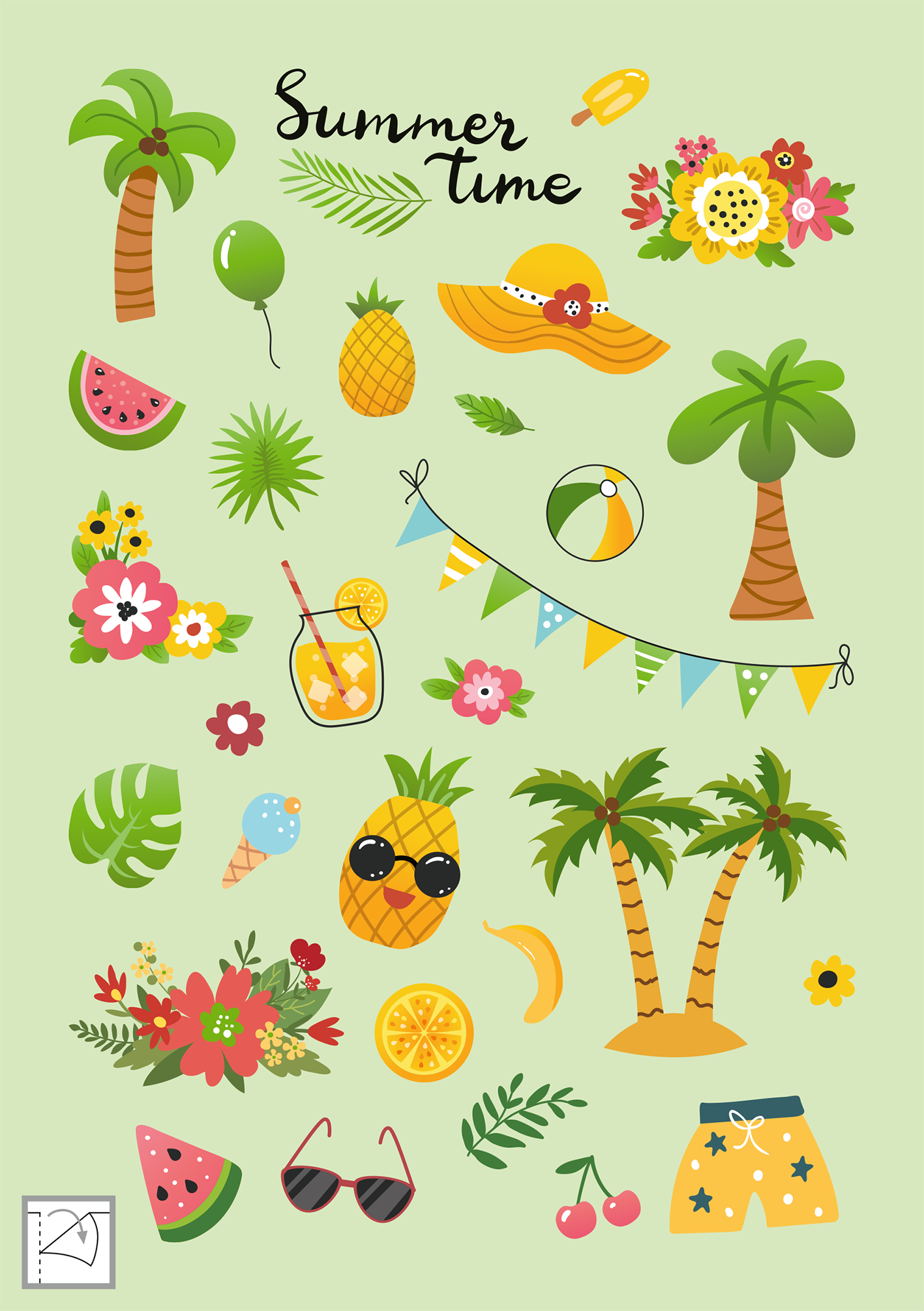 Gezeigt wird eine Innen- oder Zusatzansicht von „Feriensticker“. Die Bilder präsentieren sommerliche Motive, darunter Palmen, Ananas, Wassermelonen und bunte Blumen. Vor einem hellgrünen Hintergrund sind Elemente wie Sonnenbrillen, Eiscreme und ein Getränk in einem Glas angeordnet. Die Farben sind lebhaft und harmonisch, überwiegend in Gelb, Grün, Rot und Blau gehalten. Die Schrift „Summer time“ steht in stilvollen, leicht verspielten Buchstaben am oberen Rand.