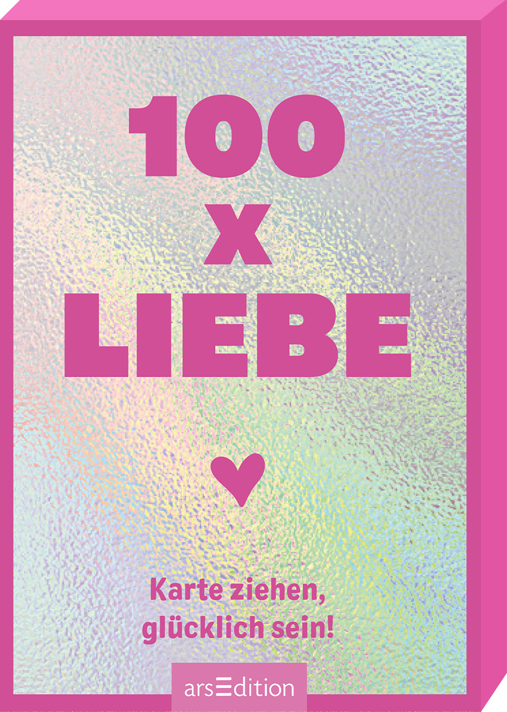 Das Buchcover zeigt einen holografischen Hintergrund, der in sanften, schimmernden Farben irisiert. Zentral steht in großen, pinken Buchstaben „100 x LIEBE“. Darunter befindet sich ein kleiner roter Herzsymbol und der Text „Karte ziehen, glücklich sein!“ in ebenfalls pinker Schrift. Ganz oben zeigt sich der schmalere, pinke Rahmen des Covers. Ganz unten mittig steht der Logoschriftzug von arsEdition.