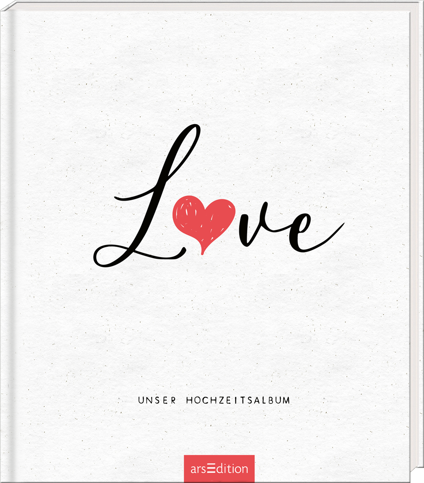 Der hellweiße Hintergrund des Buchcovers zeigt in verspielter, geschwungener Schrift das Wort „Love“, wobei das „o“ durch ein rotes Herz ersetzt wird. Die schwarze Typografie harmoniert mit dem romantischen Thema des Hochzeitsalbums. Unter dem Titel steht in schlichter Schrift „UNSER HOCHZEITSALBUM“. Ganz unten mittig steht der Logoschriftzug von arsEdition.