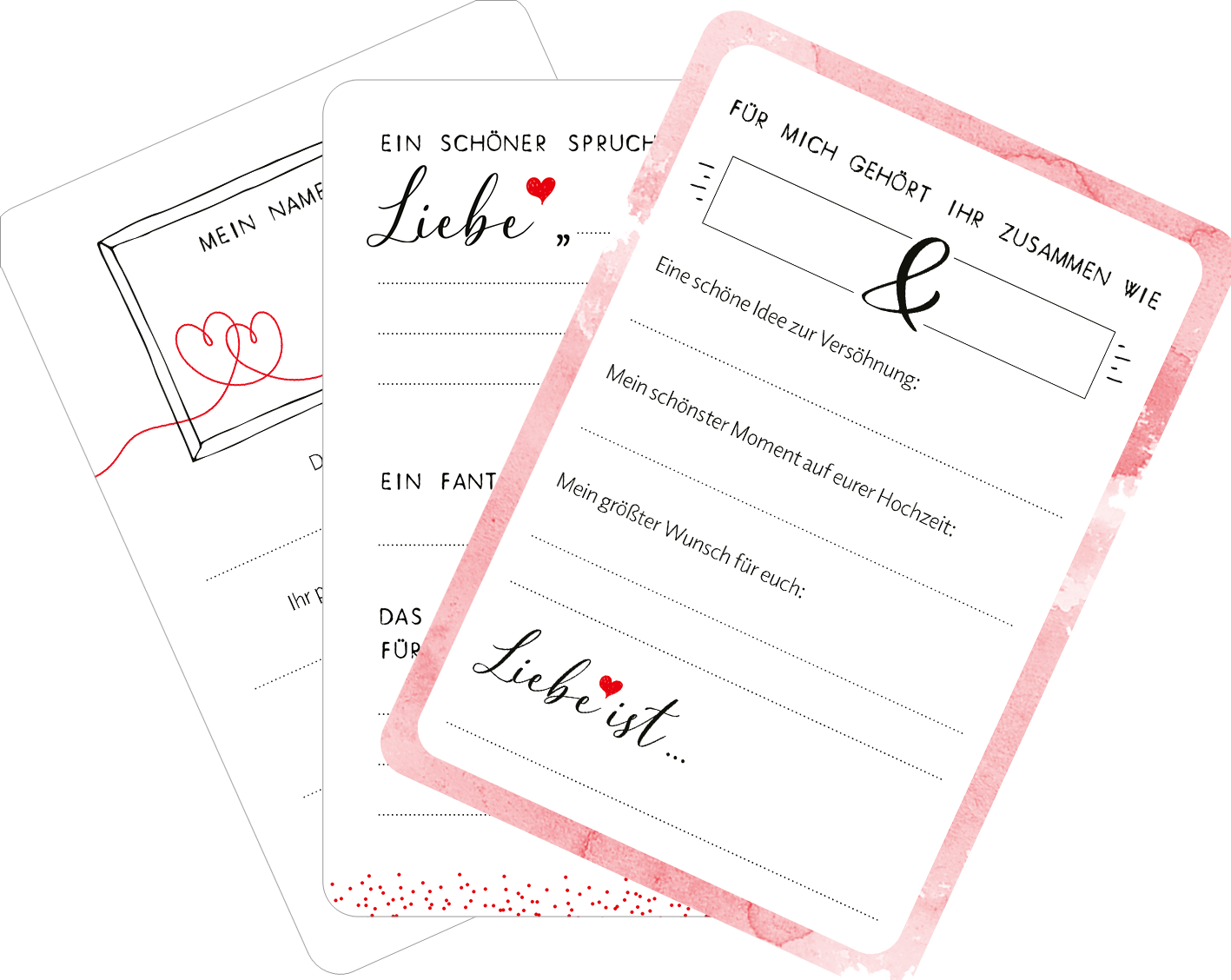 Gezeigt wird eine Innen- oder Zusatzansicht von „50 Gästebuchkarten zur Hochzeit“. Die Karten präsentieren ein zartes, romantisches Design in Rosé- und Weißtönen. Jede Karte ist mit handschriftlichen Elementen und dekorativen Symbolen wie einem Herzen verziert. Die Typografie ist elegant und gut lesbar, teilweise in Script- und Druckschrift. Die Karten bieten Platz für persönliche Botschaften und Wünsche, unterteilt in Abschnitte wie „Ein schöner Spruch“ und „Mein größter...