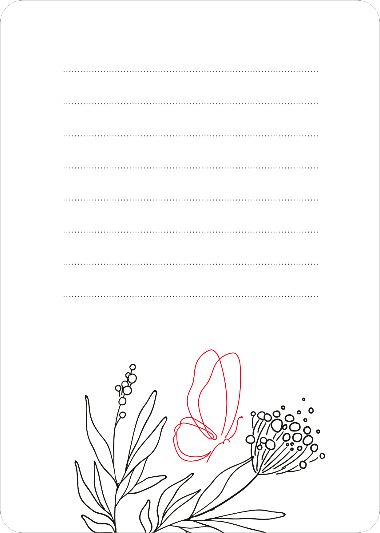 Gezeigt wird eine Innen- oder Zusatzansicht von „50 Gästebuchkarten zur Hochzeit“. Die Karte hat einen weißen Hintergrund und zeigt ein filigranes, schwarz umrandetes Blumen- und Schmetterlingsmotiv am unteren Rand. Darüber verlaufen sechs linierte Zeilen in grauer Farbe, die Platz für persönliche Nachrichten bieten. Die Schriftart ist klar und gut lesbar, was die Nutzerfreundlichkeit unterstützt und die romantische Stimmung der Hochzeitsfeier unterstreicht.