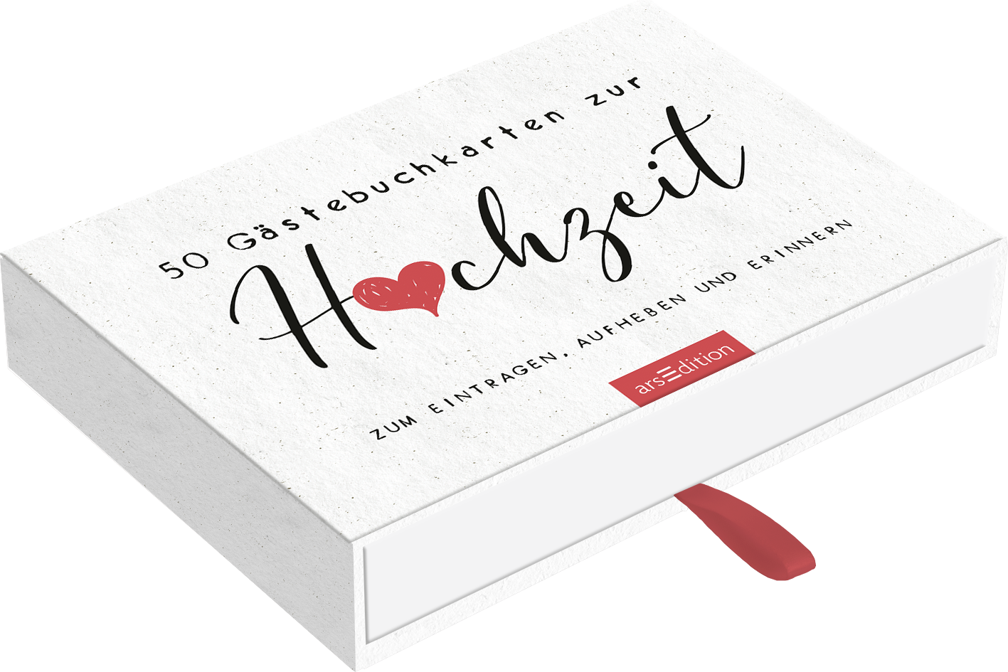 Das Cover zeigt eine schlichte, helle Box mit einer strukturierten Oberfläche. Auf der Vorderseite steht der Titel „50 Gästebu chkarten zur Hochzeit“ in eleganter, geschwungener Typografie, wobei das Wort „Hochzeit“ hervorgehoben ist, umgeben von einem roten Herz. Darunter befindet sich der Hinweis „Zum Eintragen, Aufheben und Erinnern“ in schlichter Schrift. Ganz unten mittig steht der Logoschriftzug von arsEdition.