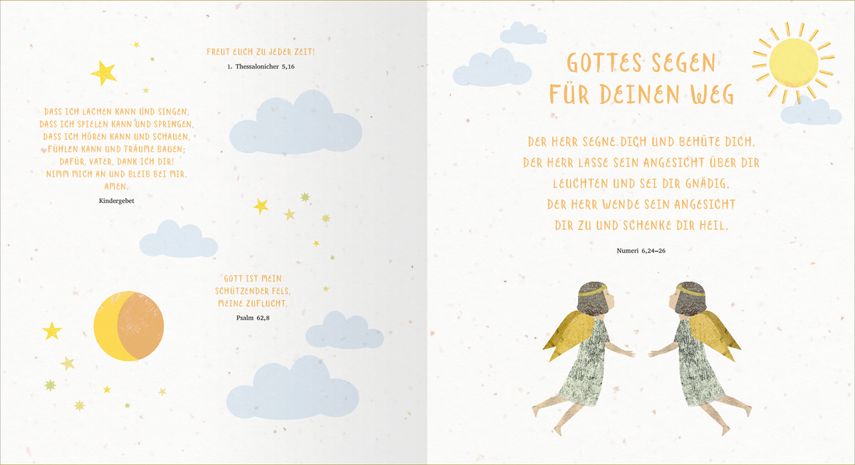 Gezeigt wird eine Innen- oder Zusatzansicht von „Meine Erstkommunion“. Die Seite ist hell gestaltet mit einem sanften, strukturierten Hintergrund und enthält handgezeichnete Illustrationen von zwei Engeln mit gelben Flügeln. Diese stehen sich gegenüber und halten sich an den Händen. Der obere Bereich zeigt eine Sonne sowie einige Wolken in pastellfarbenen Tönen. Der Text ist in warmem Gelb und Braun gehalten, unterteilt in zwei Abschnitte mit freundlicher, zugänglicher Typografie.