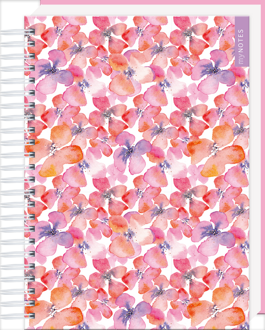 Das Buchcover zeigt ein florales Muster in leuchtenden Farben, vorwiegend in Rosa, Lila und Orange, das die gesamte Fläche einnimmt. Die stilisierten Blumen sind in einer sanften Aquarelltechnik dargestellt, was eine leichte und freundliche Atmosphäre vermittelt. Am rechten Rand befindet sich in hellem Lila der Schriftzug „my NOTES“. Ganz unten mittig steht der Logoschriftzug von arsEdition.