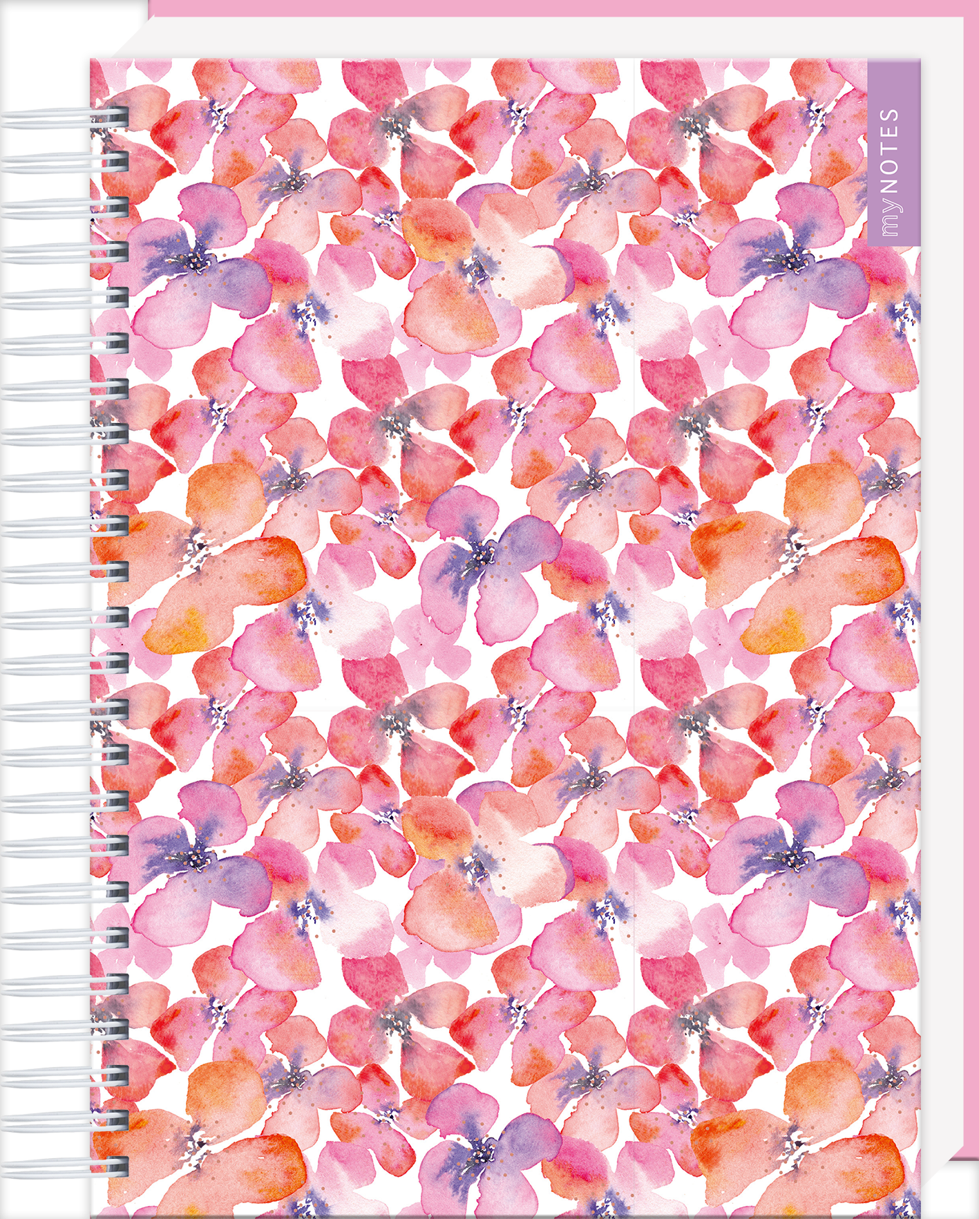 Das Buchcover zeigt ein florales Muster in leuchtenden Farben, vorwiegend in Rosa, Lila und Orange, das die gesamte Fläche einnimmt. Die stilisierten Blumen sind in einer sanften Aquarelltechnik dargestellt, was eine leichte und freundliche Atmosphäre vermittelt. Am rechten Rand befindet sich in hellem Lila der Schriftzug „my NOTES“. Ganz unten mittig steht der Logoschriftzug von arsEdition.