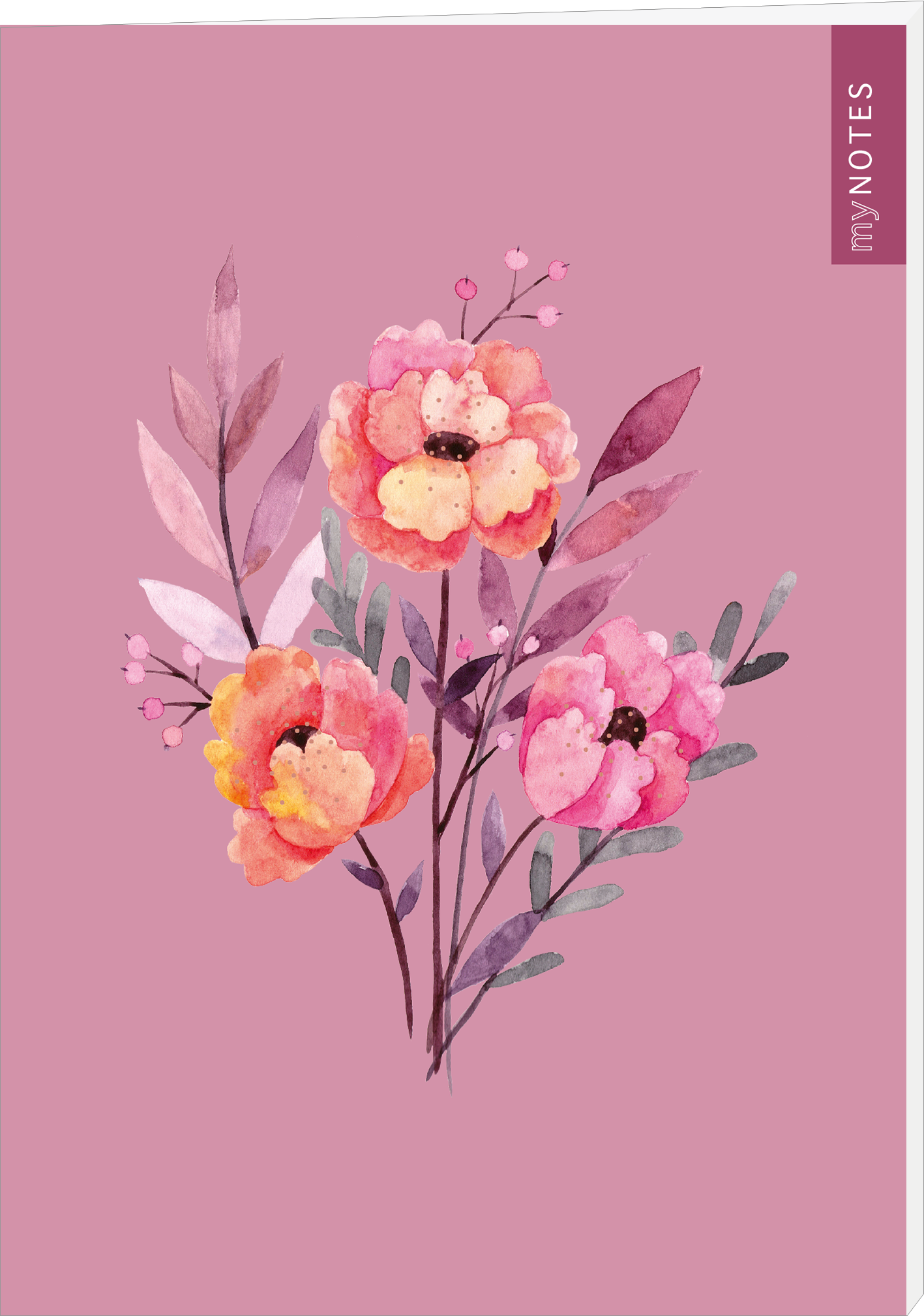 Das Buchcover zeigt ein sanftes, rosa Hintergrunddesign, auf dem ein florales Arrangement in verschiedenen Rosatönen abgebildet ist. Die Blüten sind lebendig und detailreich gestaltet, umrahmt von zarten grünen Blättern und Stängeln. In der oberen Ecke rechts steht in auffälliger Schrift „my NOTES“. Die Gesamtgestaltung vermittelt eine fröhliche und einladende Atmosphäre. Ganz unten mittig steht der Logoschriftzug von arsEdition.